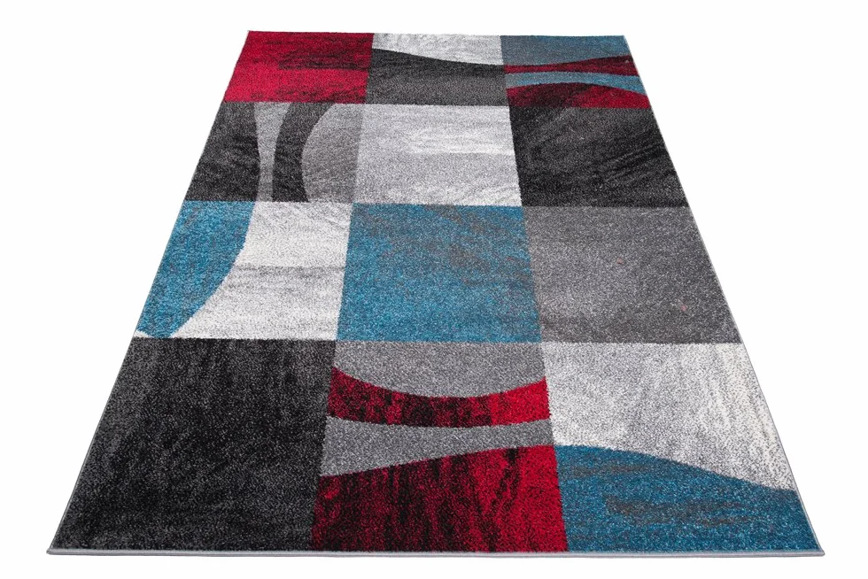 Tapiso Jawa dywan z krótkim włosiem, designerski, szary, czerwony, niebieski, wielokolorowy, z abstrakcyjnymi paskami, wzór w kratkę, kwadratowy wzór, idealny do salonu, pokoju gościnnego, Ökotex 140 x 190 cm