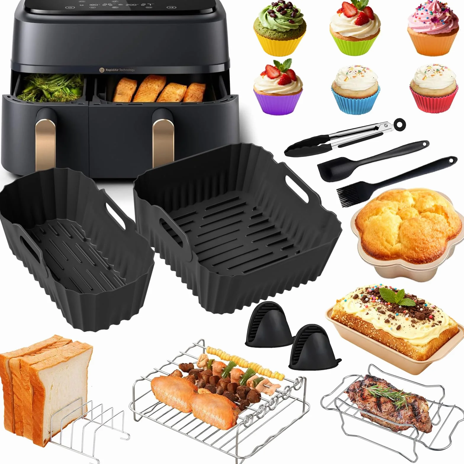Akcesoria do foremek silikonowych Air Fryer, do Philips serii 3000/5000 Dual Basket 3L/6L, 18 szt. z silikonową formą do frytkownicy powietrznej, kratki/stojaki, foremka do ciasta, foremka do chleba