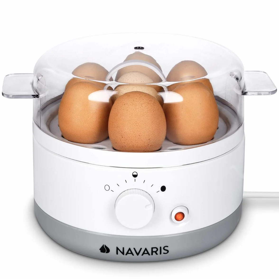 Navaris Jajowar na 1-7 jajek, w zestawie kubek z miarką wody z wykrawaczem do jajek, regulowany stopień twardości, 350 W, 22 x 17,5 x 14,5 cm, biały