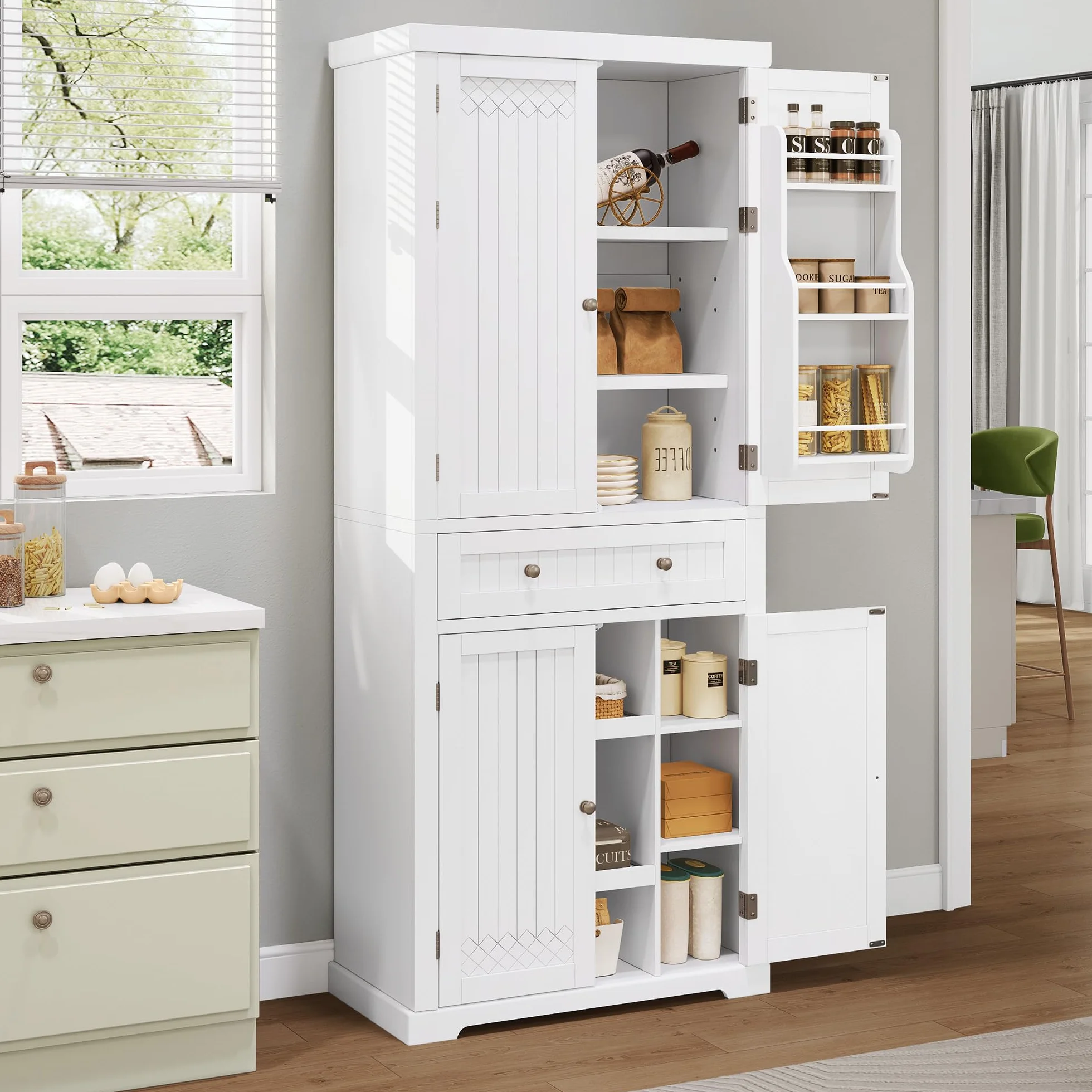 YITAHOME Szafka kuchenna 182,5 cm wysoka szafka do przechowywania, kredens kuchenny z ruchomą półką, biały kredens wolnostojący 70 x 40 x 182,5 cm