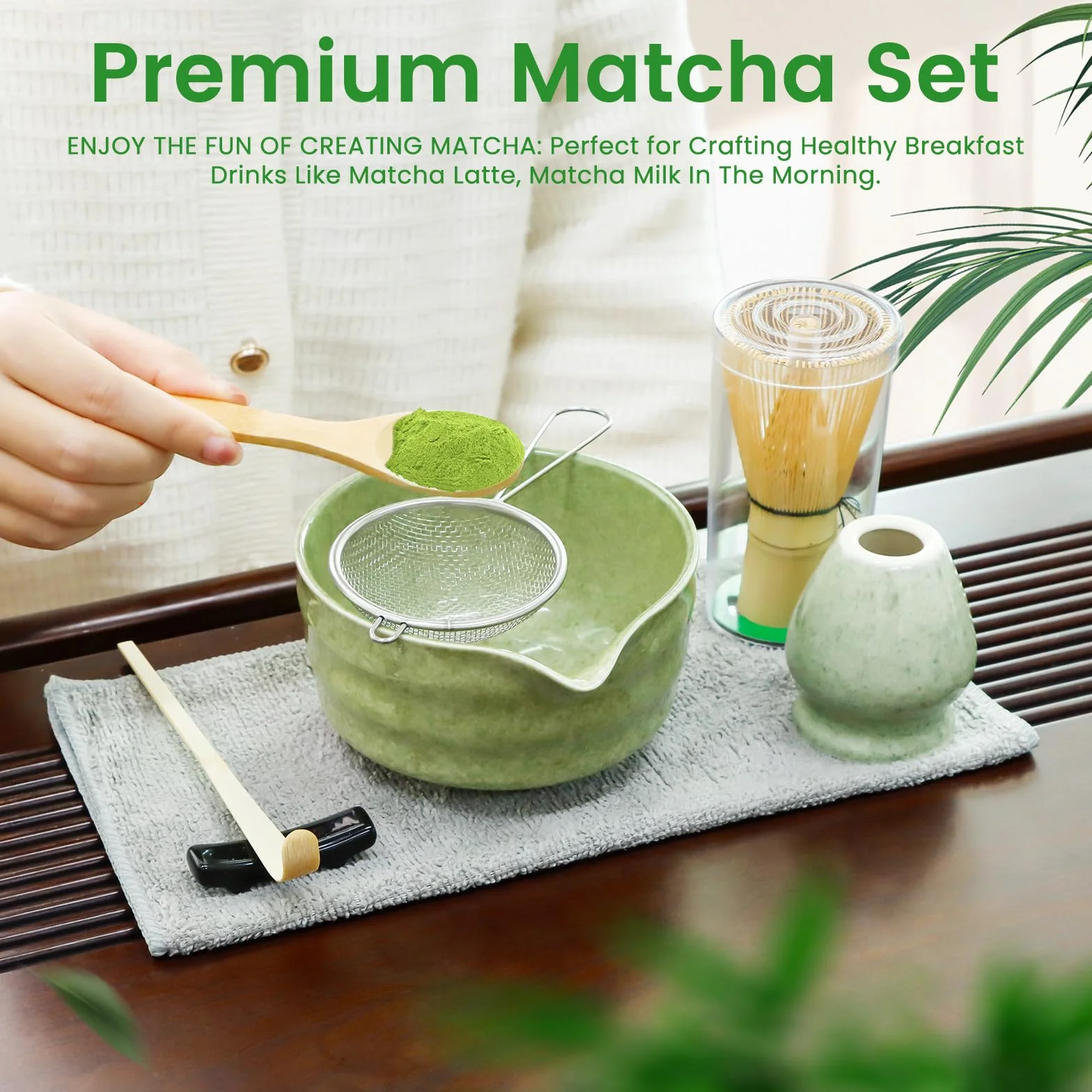 7-częściowy zestaw Matcha, mieszadło z bambusowe, miseczka, naturalna bambusowa szpatułka, sitko, ściereczka, łyżeczka, podstawka pod łyżeczkę, tradycyjna japońska ceremony herbata najlepszy prezent