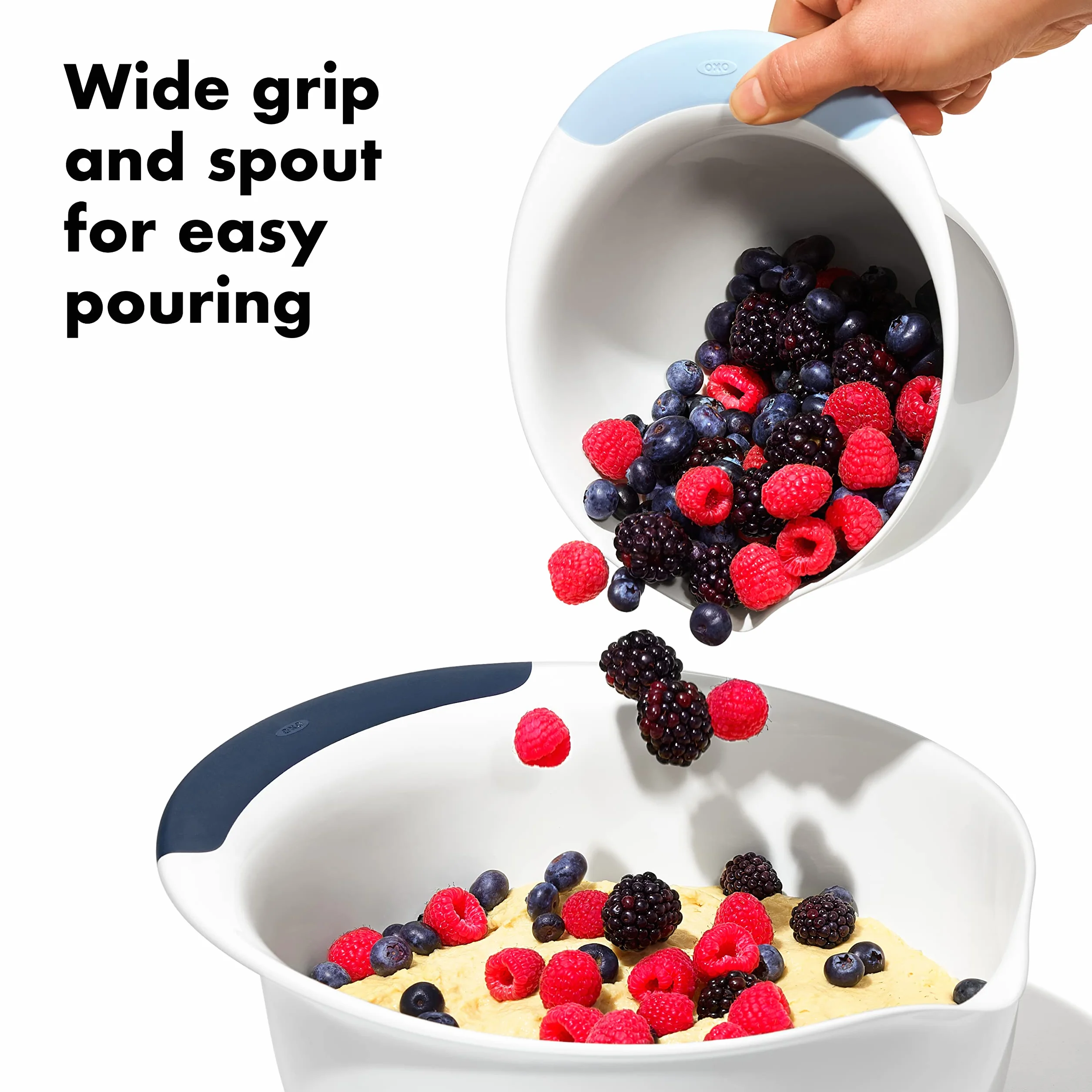OXO, Plastikowe Good Grips 3-częściowy zestaw misek do mieszania – uchwyty jagodowe, dżemowe i seltzer, 4,7 litra, rozmiar L