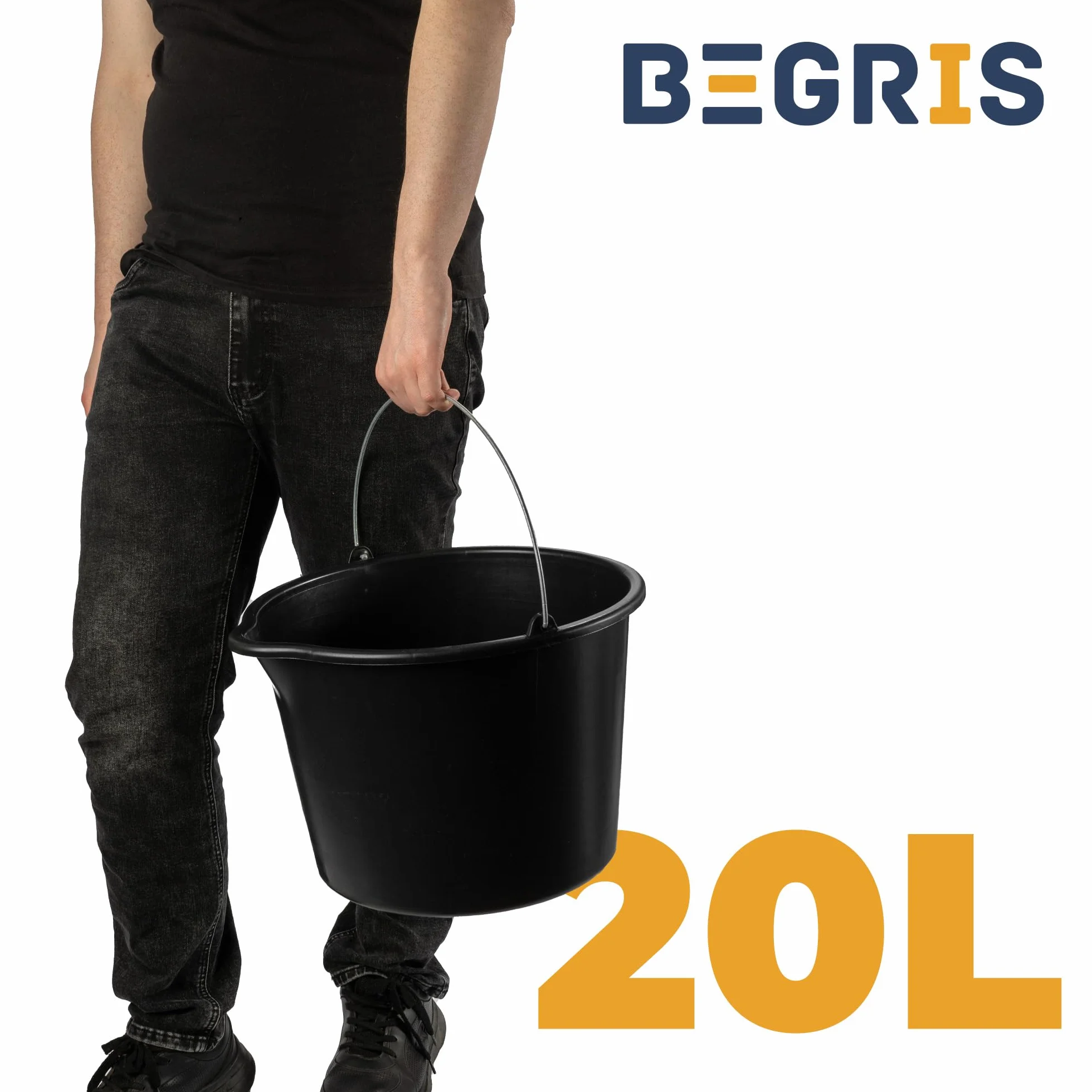 Wiadro Budowlane z Tworzywa Sztucznego 20L Okrągłe Wiadro Gospodarcze Mocne Plastikowe Wiaderko na Budowę, do Domu, Ogrodu z Lejkiem Pojemnik z Metalową Rączką Czarne