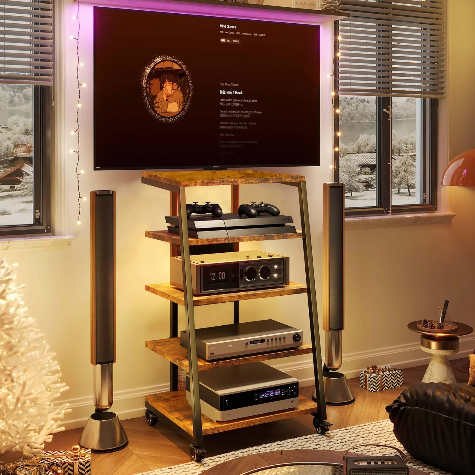 5-stopniowy stojak HiFi z kółkami, stół gramofonowy z listwami zasilającymi, diodami LED, regulowana półka, drewniany stojak na media, regał HiFi do systemu audio, system stereo, 60 x 52 x