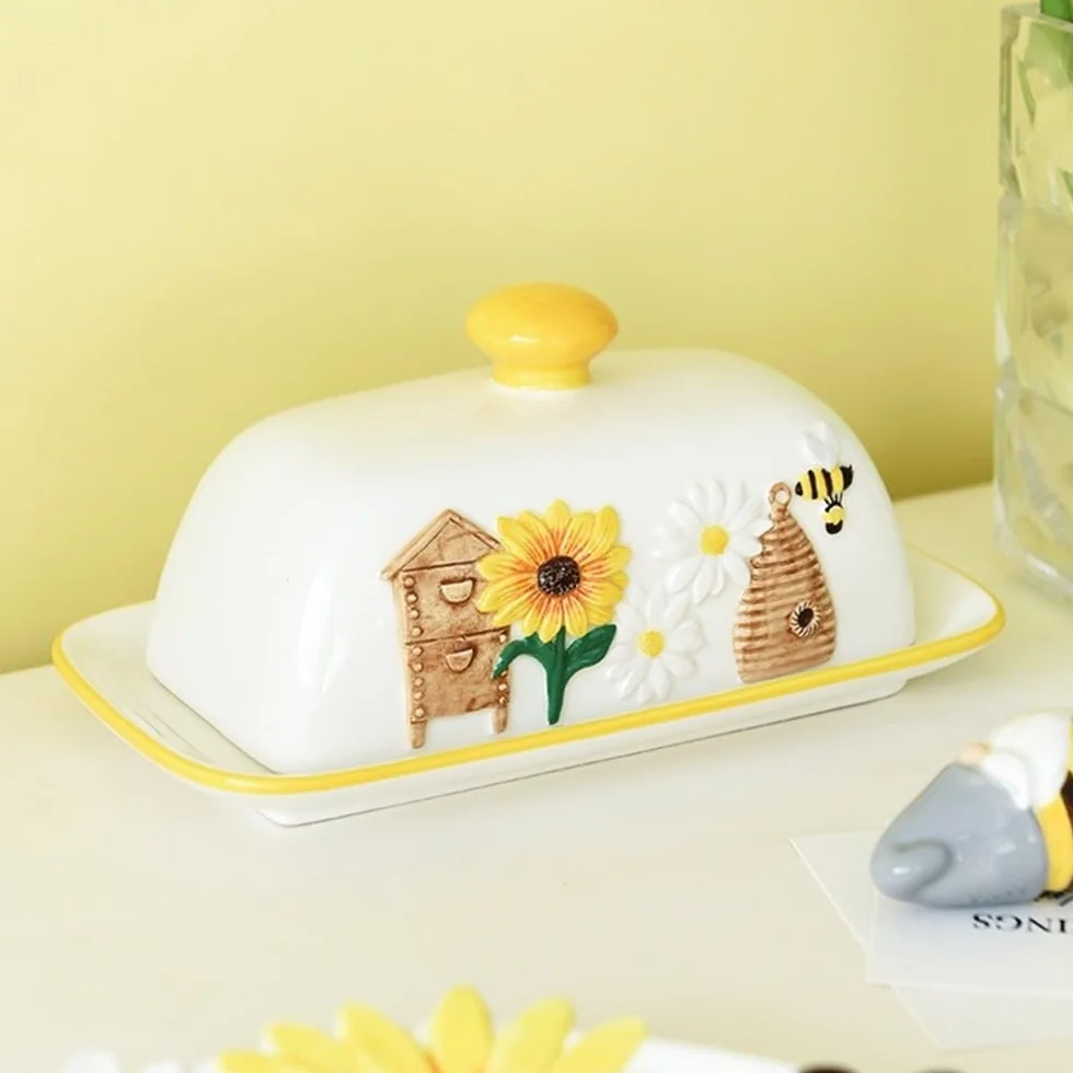 Masło pudełko Kwadratowa ceramiczna wytłaczana maselniczka do przechowywania w domu, naczynie na olej, urocze