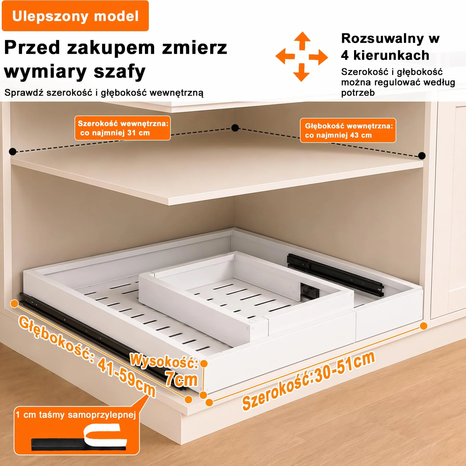 PNNP Wysuwana szuflada do kuchni: Szafa teleskopowa - wysuwane kosze kuchenne o regulowanej szerokości (32-53 cm szer. x 43 cm szer. x 7 cm) - biały