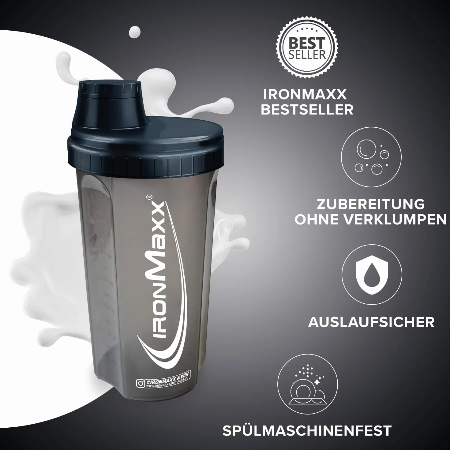 IronMaxx Shaker do białek - Night Black 700 ml | shaker proteinowy z zakrętką, sitkiem i skalą pomiarową | szczelny, nadaje się do mycia w zmywarce, nie zawiera zmiękczaczy BPA i DEHP