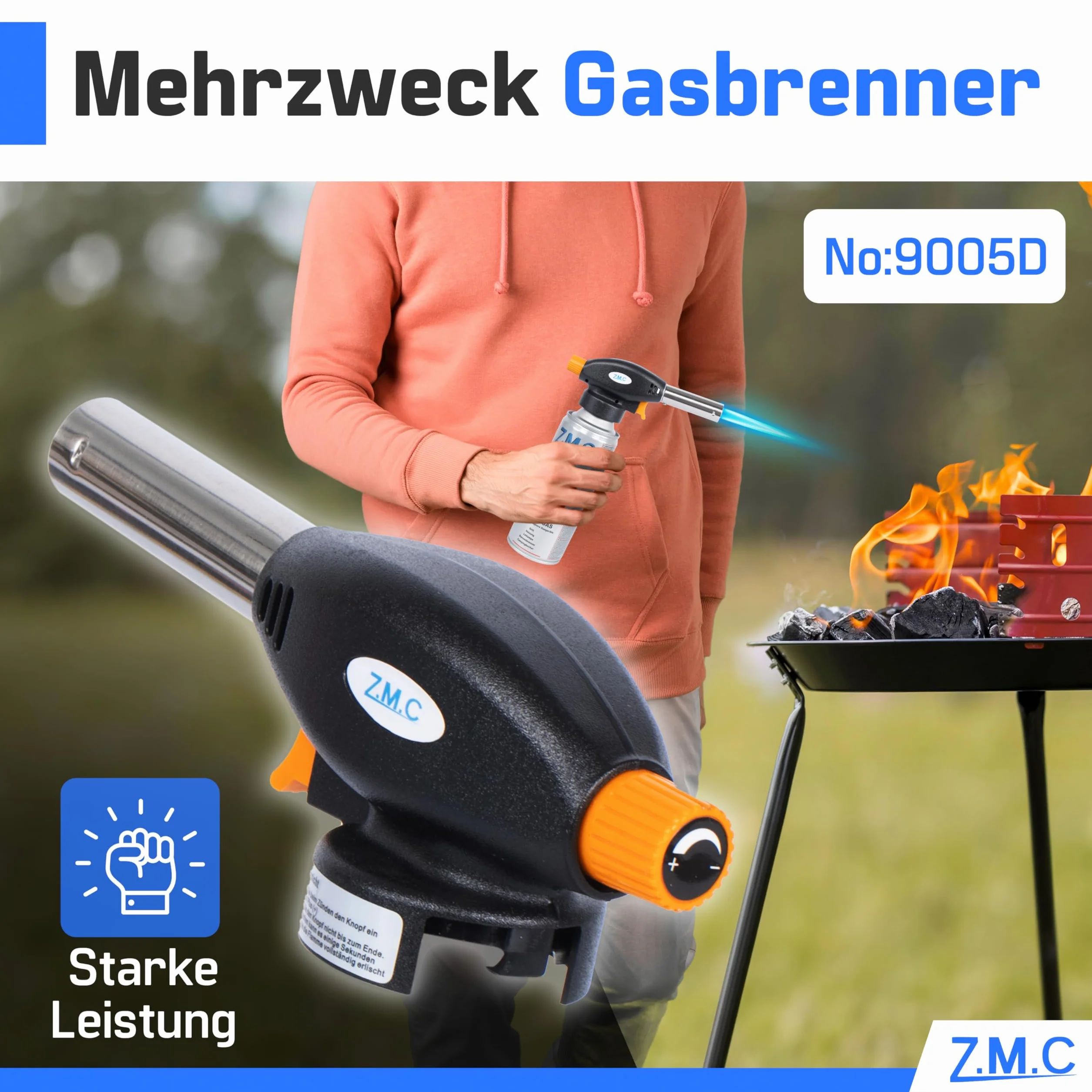 Z.M.C Palnik gazowy + 4 x kartusze gazowe 227 g, palnik do flambira, temperatura do 1300°C, palnik spawalniczy z zapłonem piezoelektrycznym, palnik do lutowania 1,3 kW, nasadka palnika z regulowanym