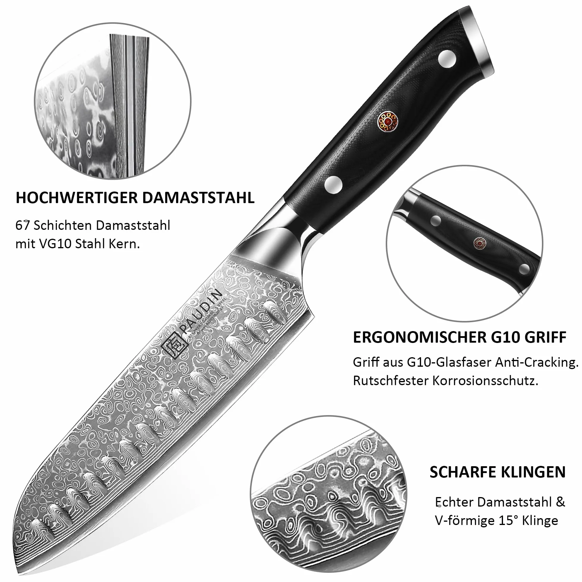 PAUDIN Zestaw noży damasceńskich 3 sztuki, zestaw noży kuchennych z adamaszku, ultra ostry nóż santoku, nóż kuchenny, 67 warstw stali damasceńskiej z rdzeniem ze stali VG10, ergonomiczny uchwyt G10