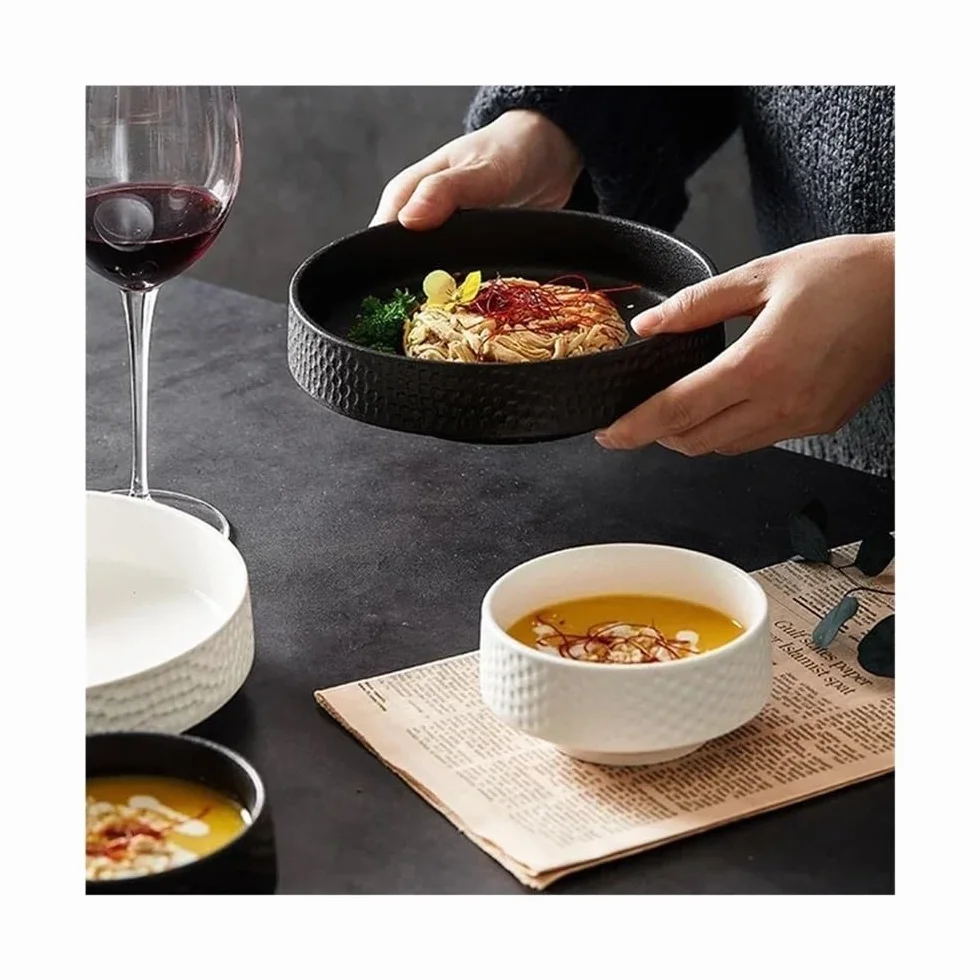 Talerze obiadowe, Kreatywna kuta ceramiczna miska z głębokim naczyniem - biały czarny okrągły talerz na sałatkę owocową sushi Zestaw obiadowy(White,20cm)