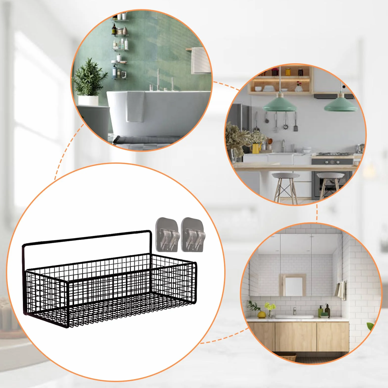 ShowerCaddy, Wall Mounted Iron Storage Shelf for Bathroom & Kitchen, No Drilling Basket Rack with Adhesive Backing for Toiletries Spices Sink Cleaning or ShowerWall Use