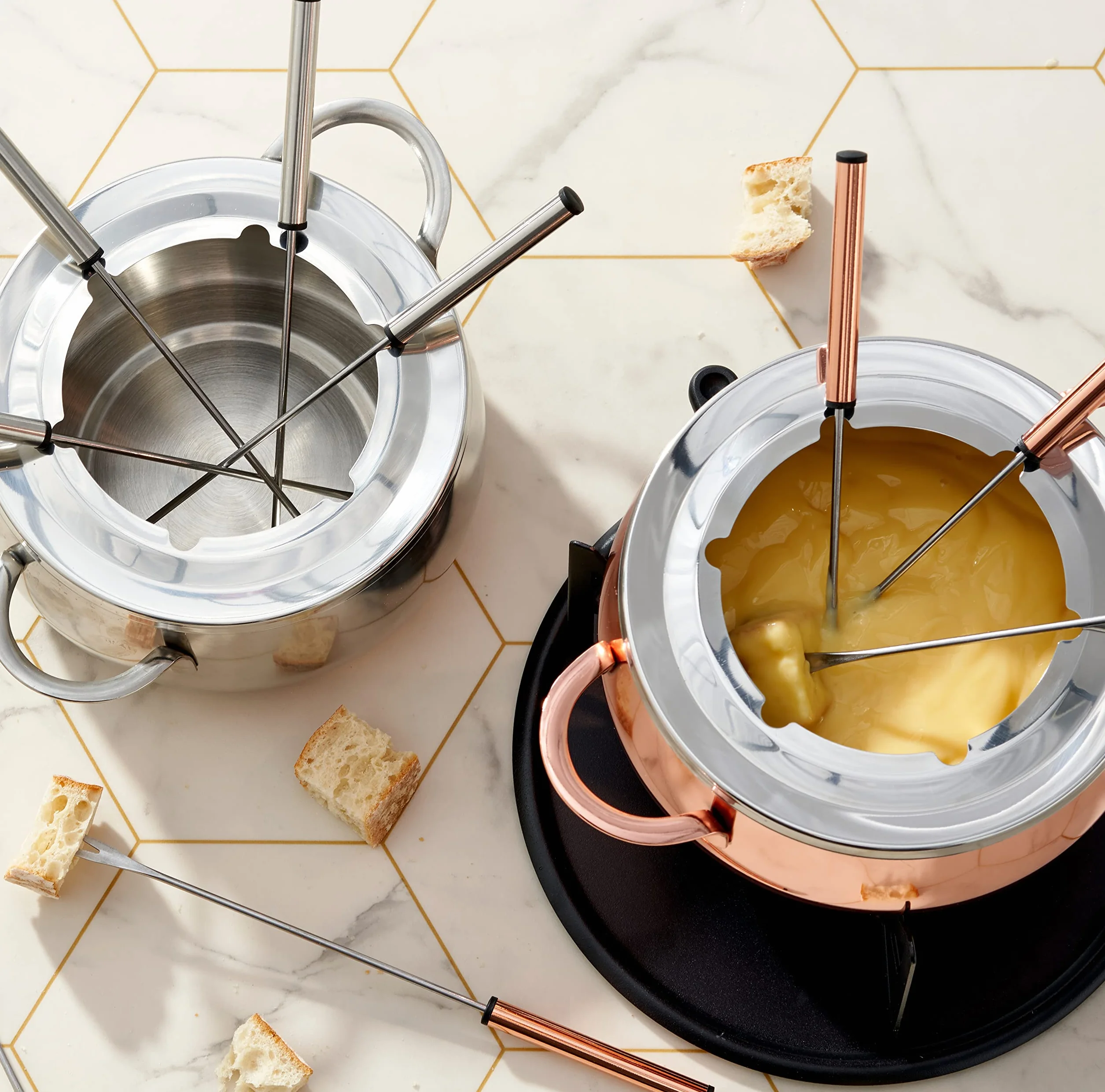 Dąb & Steel - 10 sztuk zestaw do fondue ze stali nierdzewnej, różowe złoto/miedź z pudełkiem prezentowym - czekoladki, Burgundia, ser, Savoyarda i mięso - prezent świąteczny