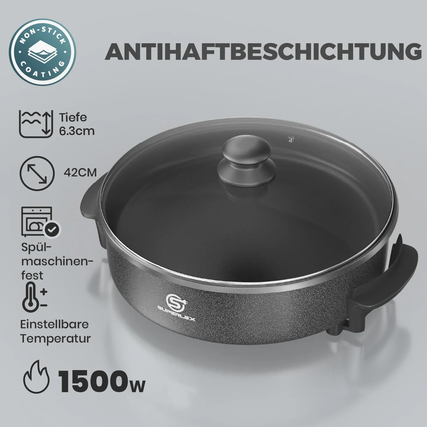 Elektryczna patelnia wielofunkcyjna 9,6 L 42x7 cm 1500 W