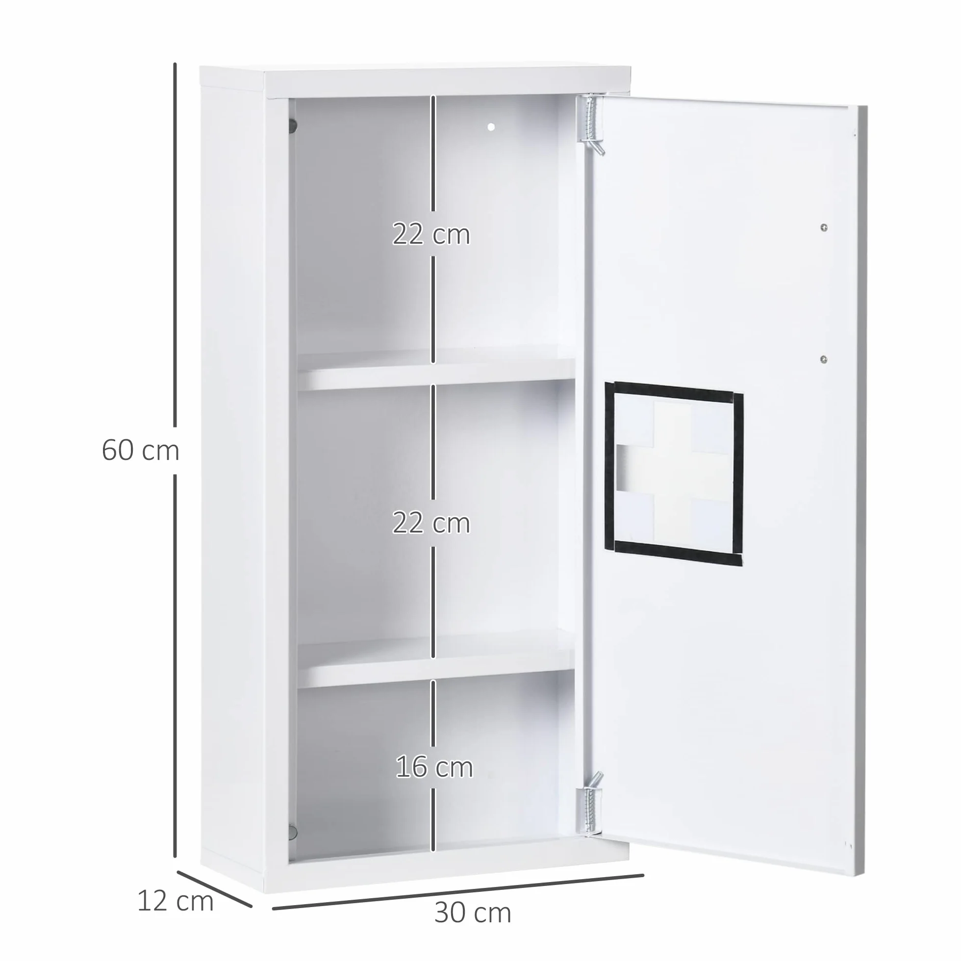 kleankin Szafka na leki, Szafka Łazienkowa, Szafa Ścienna na lekarstwa, 2 półki, 3 poziomy, z metalowymi drzwiczkami magnetycznymi, 30 x 12 x 60 cm, Biała