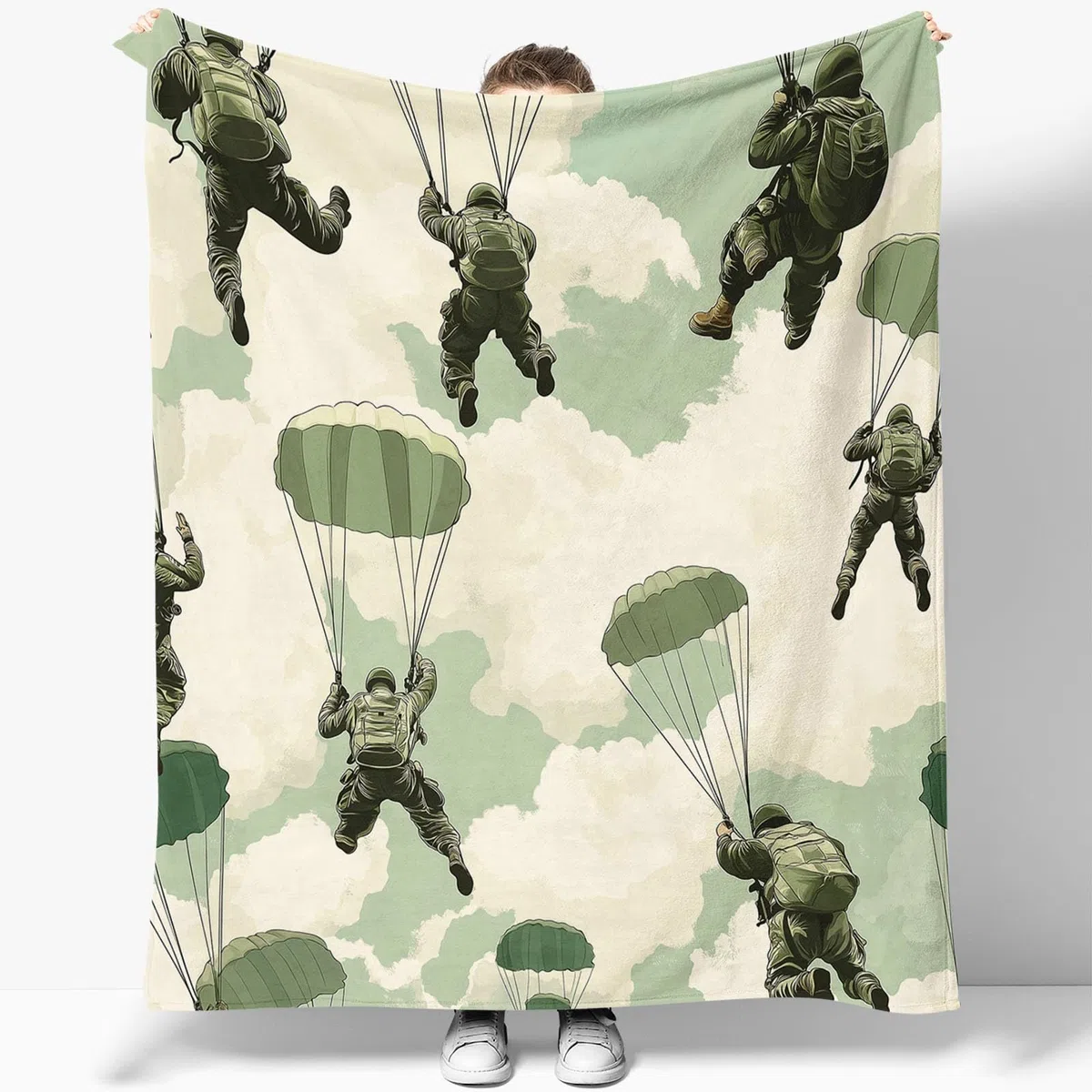 Miękki koc 200 x 200 cm miękki koc prezent dla chłopców malarstwo, spadochroniarstwo wojskowy koc wełniany zielony koc na sofę narzuta na sofę narzuta na łóżko
