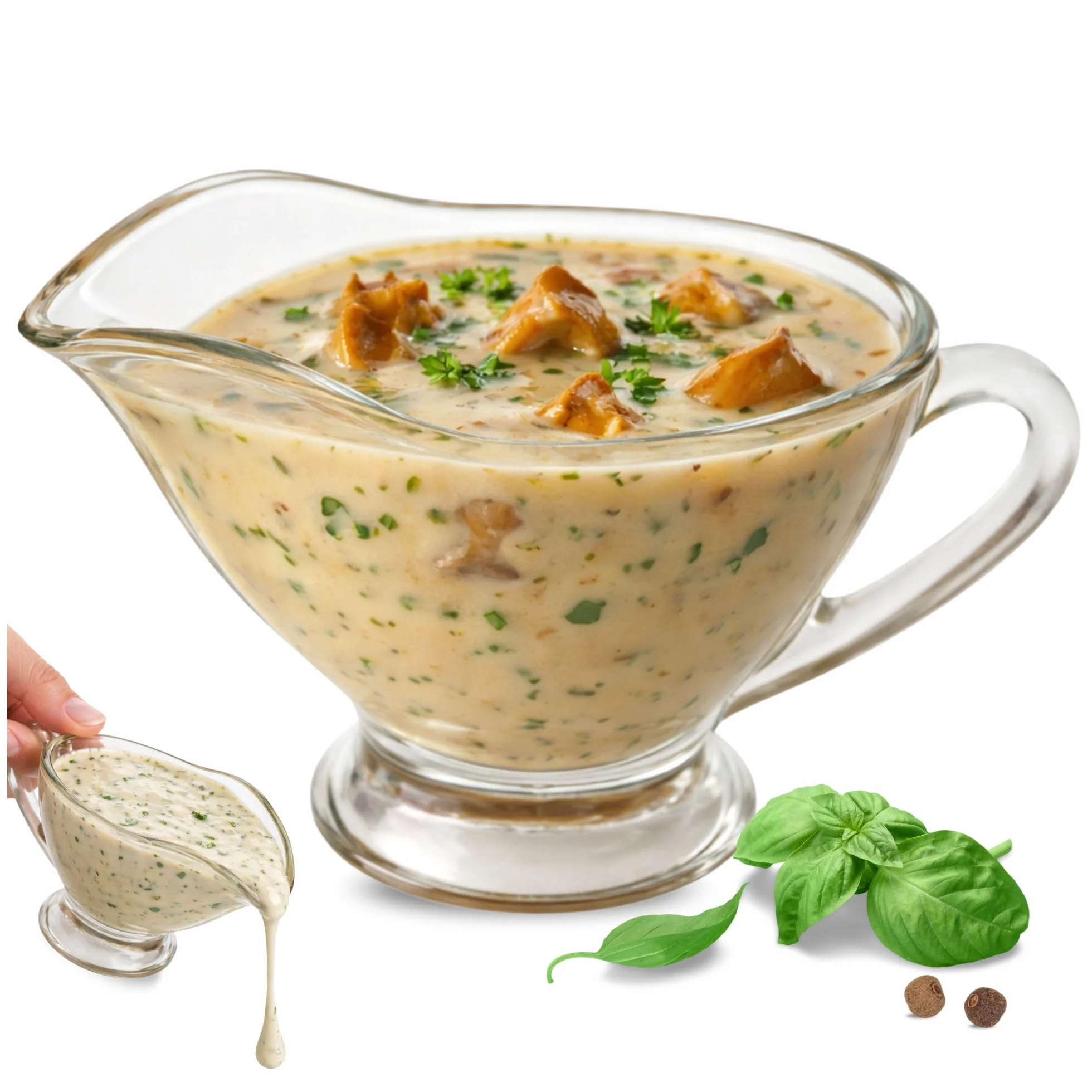 OMAGO® Szklana sosjerka 160 ml z uchwytem, przezroczyste naczynie do sosów i dipów, elegancki dzbanek stołowy