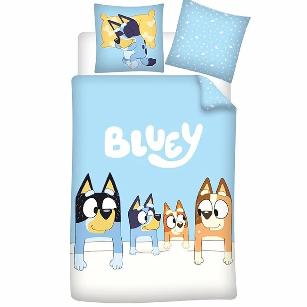 Aymax Bluey Family dwustronny komplet pościeli, 1 osoba, dwustronna poszwa na kołdrę 140 x 200 cm + poszewka na poduszkę 65 x 65 cm, bawełna poliestrowa