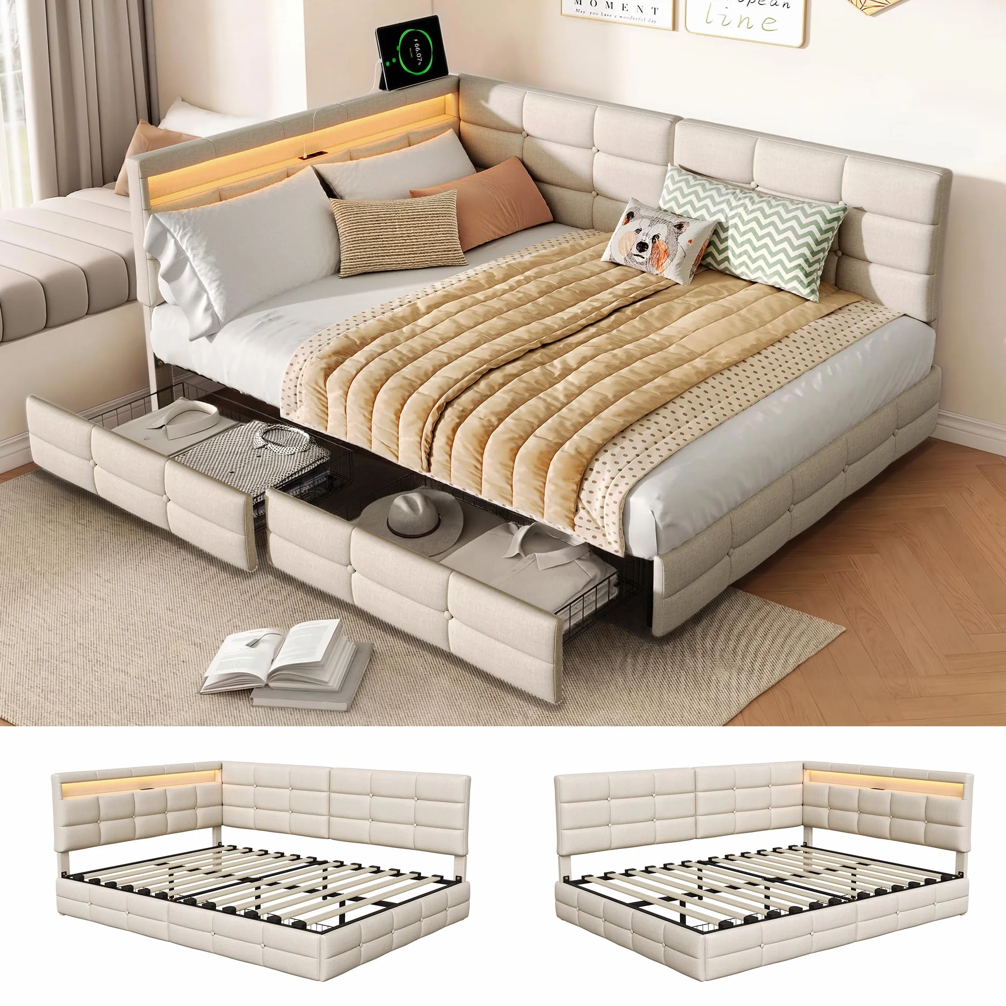 Łóżko tapicerowane Schlafsofa 140x200 cm, łóżko dzienne z 2 szufladami i stelażem z listew, sofa-łóżko, łóżko dwuosobowe z diodami LED i USB, łóżko dzienne, łóżko młodzieżowe, stelaż łóżka, len