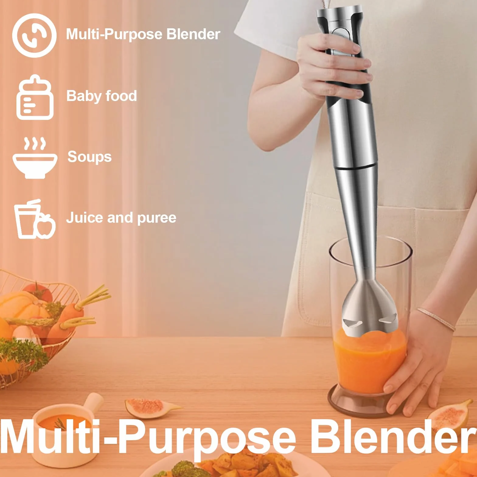 6 w 1 Blender Ręczny 1200W Regulowana Prędkość Blender Zanurzeniowy z Ostrzami ze Stali Nierdzewnej, Odporny na Zachlapania, Blender Elektryczny do Mięsa, Warzyw i Śmietany itp