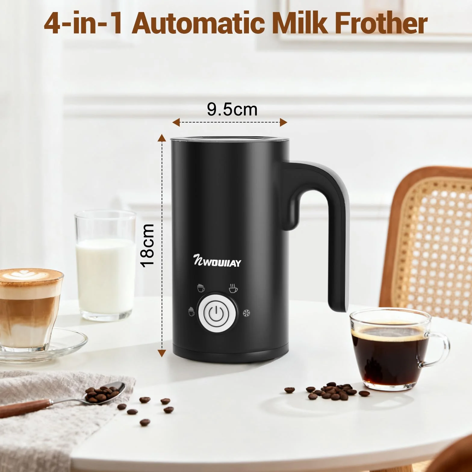 4-w-1 Elektryczny spieniacz do mleka 600W Automatyczny spieniacz do mleka o pojemności 300 ml do gorącej i zimnej pianki mlecznej, latte, cappuccino