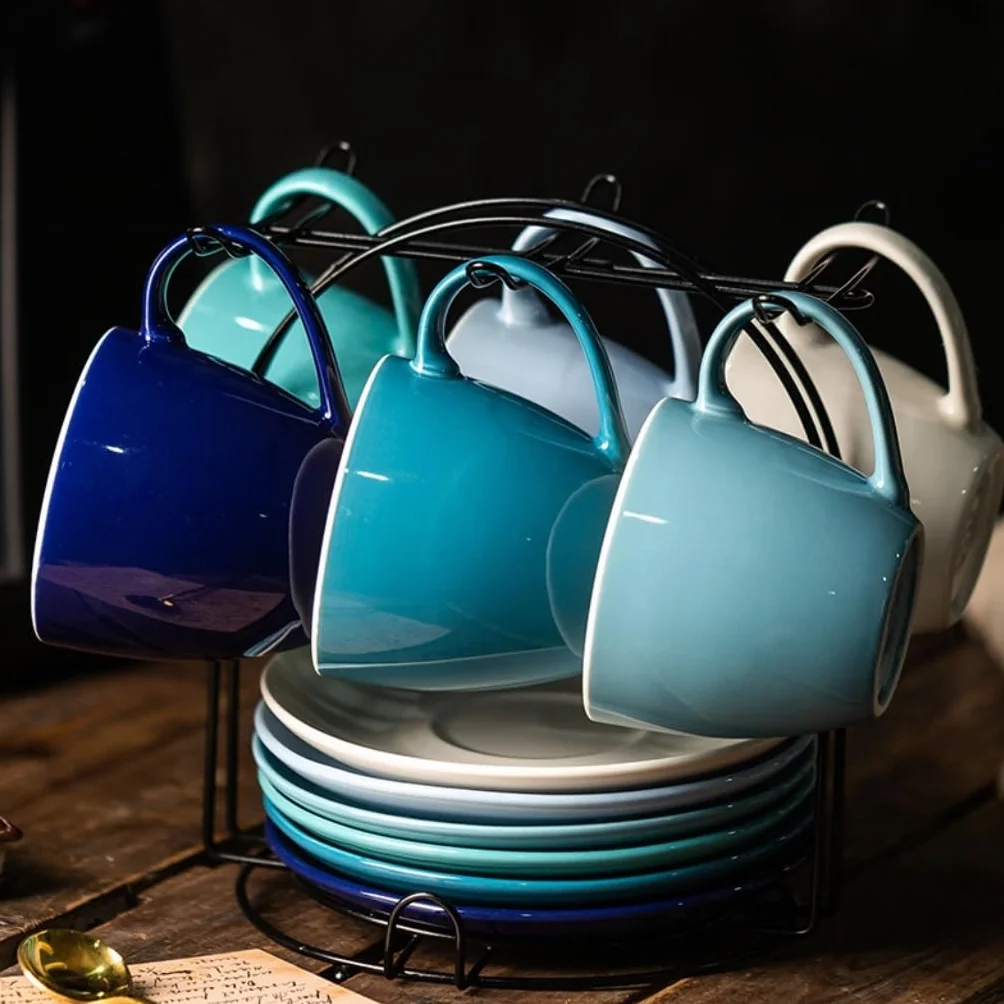 porcelanowa filiżanka i spodek, filiżanka do kawy, Prosty kolorowy szkliwiony kubek do herbaty z kwiatami, ceramiczny kubek do kawy parzonej ręcznie i spodek w pudełku prezentowym(5)