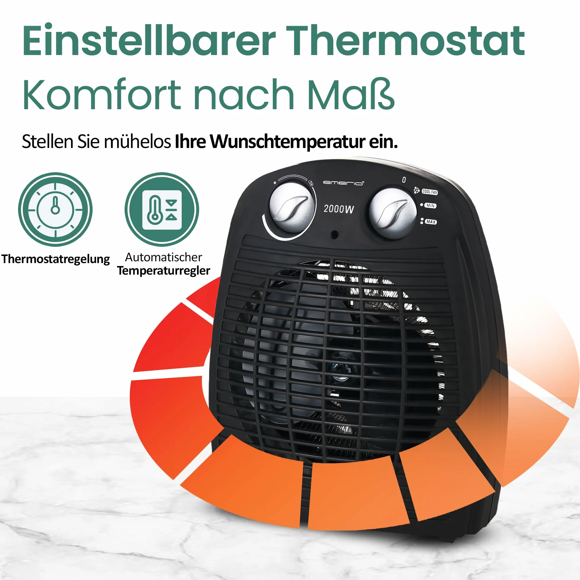 Emerio Note 1.5 Termowentylator, Czarny, 20 m2
