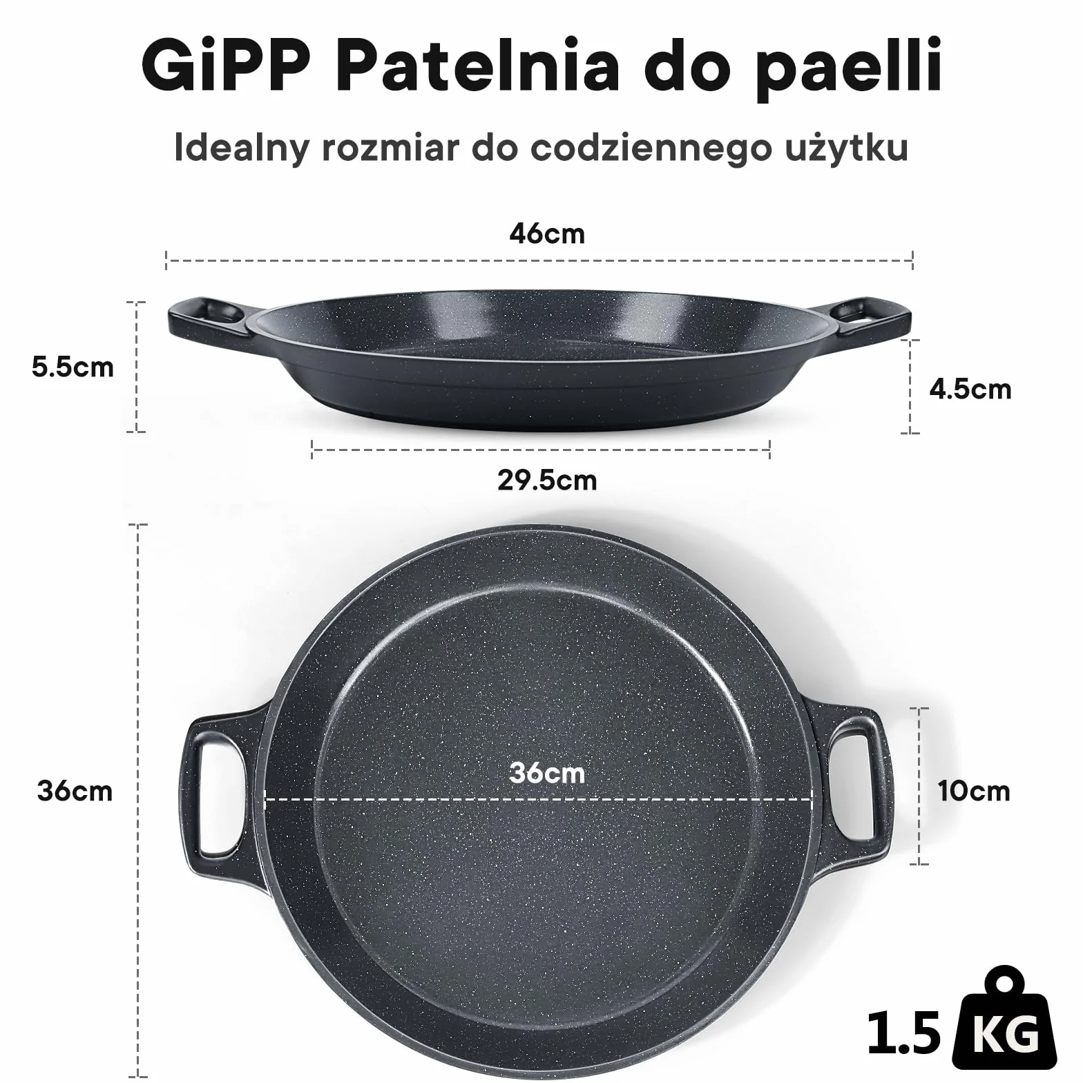 GiPP Patelnia do Paelli z Powłoką Nieprzywierającą, 36 cm, na 6–8 Porcji, Kompatybilna z Kuchenkami Indukcyjnymi, Gazowymi, Elektrycznymi i Ceramicznymi