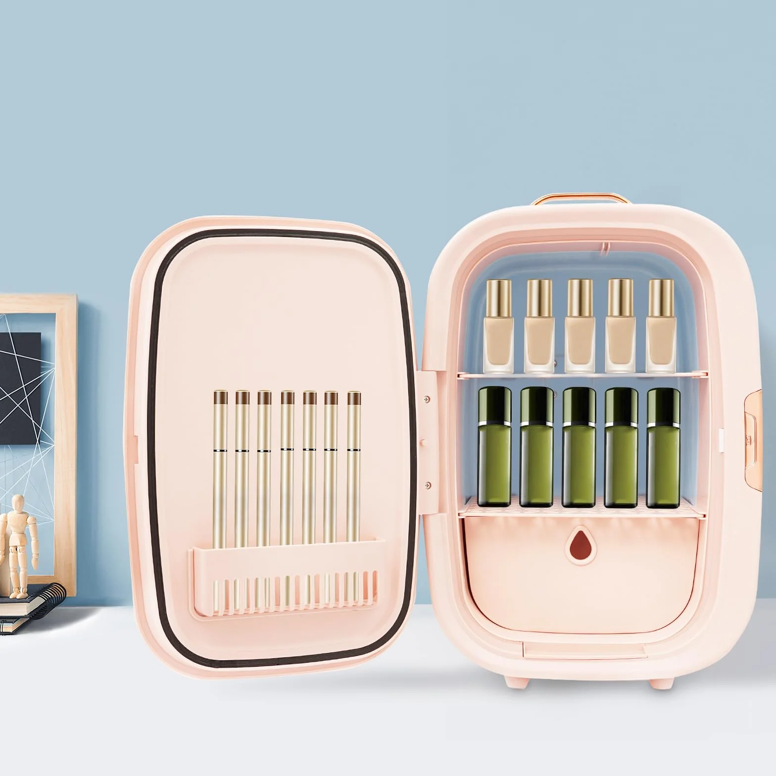 Mini lodówka kosmetyczna, mini lodówka z 3-stopniowym lustrem LED, mała lodówka Skincare z funkcją chłodzenia i ogrzewania, do sypialni, biura i samochodu (różowa)