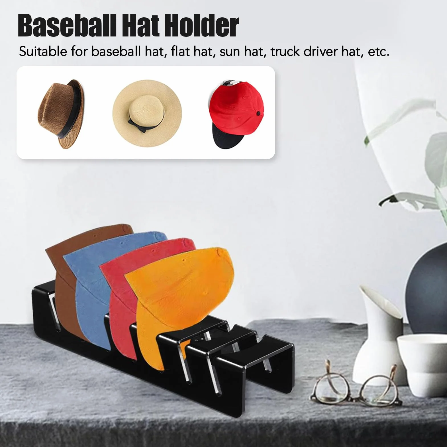 Acrylic Hat Stand for Baseball Caps Set, 2 Pcs Hat Organizer for 14 Caps, Display and Organizer for Bedroom, Closet, Office