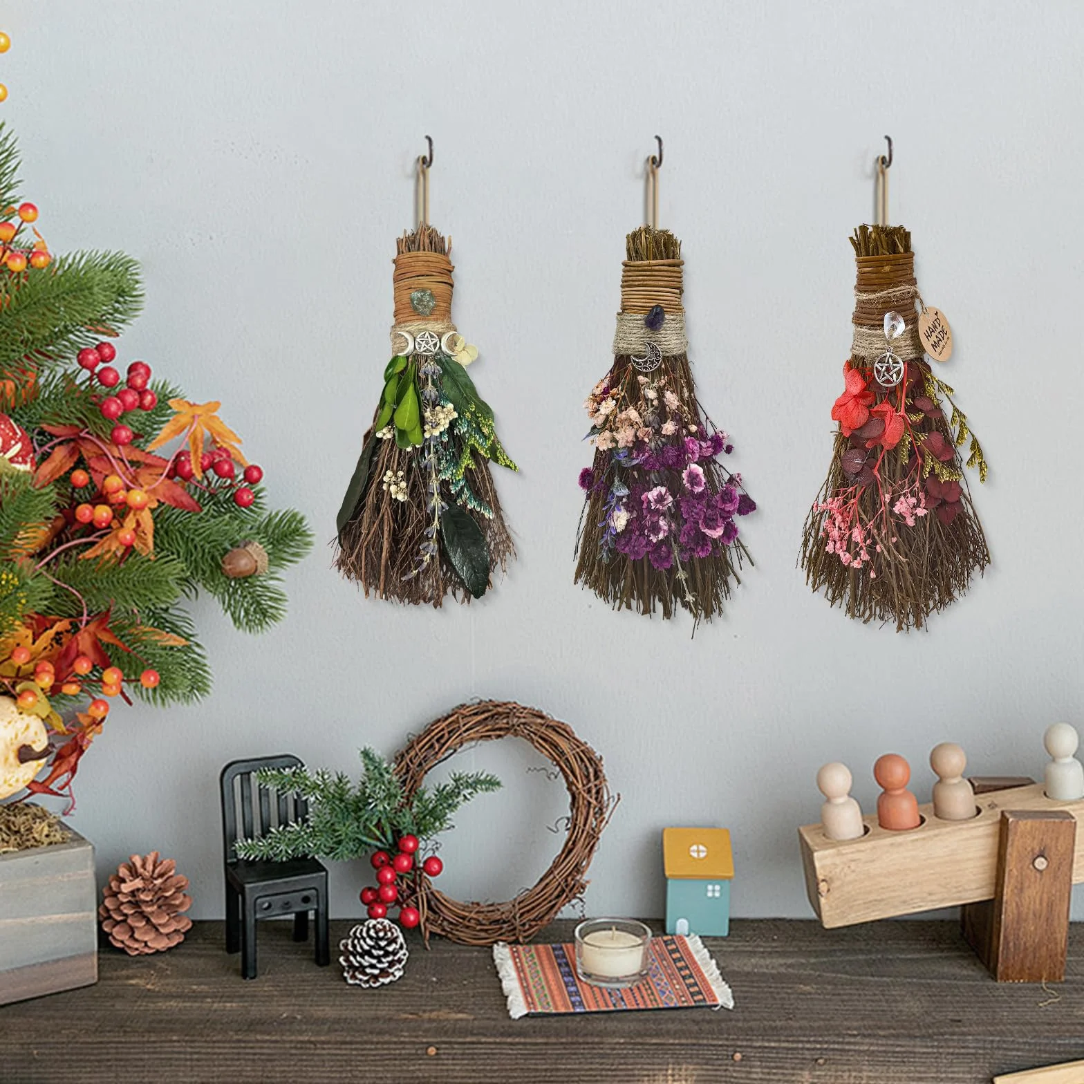 Miotła cynamonowa 19 cm, mini miotła czarownicy Boże Narodzenie, do majsterkowania, dekoracyjna miotła z suszonymi kwiatami, wicca, miotła, czarownica, akcesoria na magiczne ceremonie, Halloween