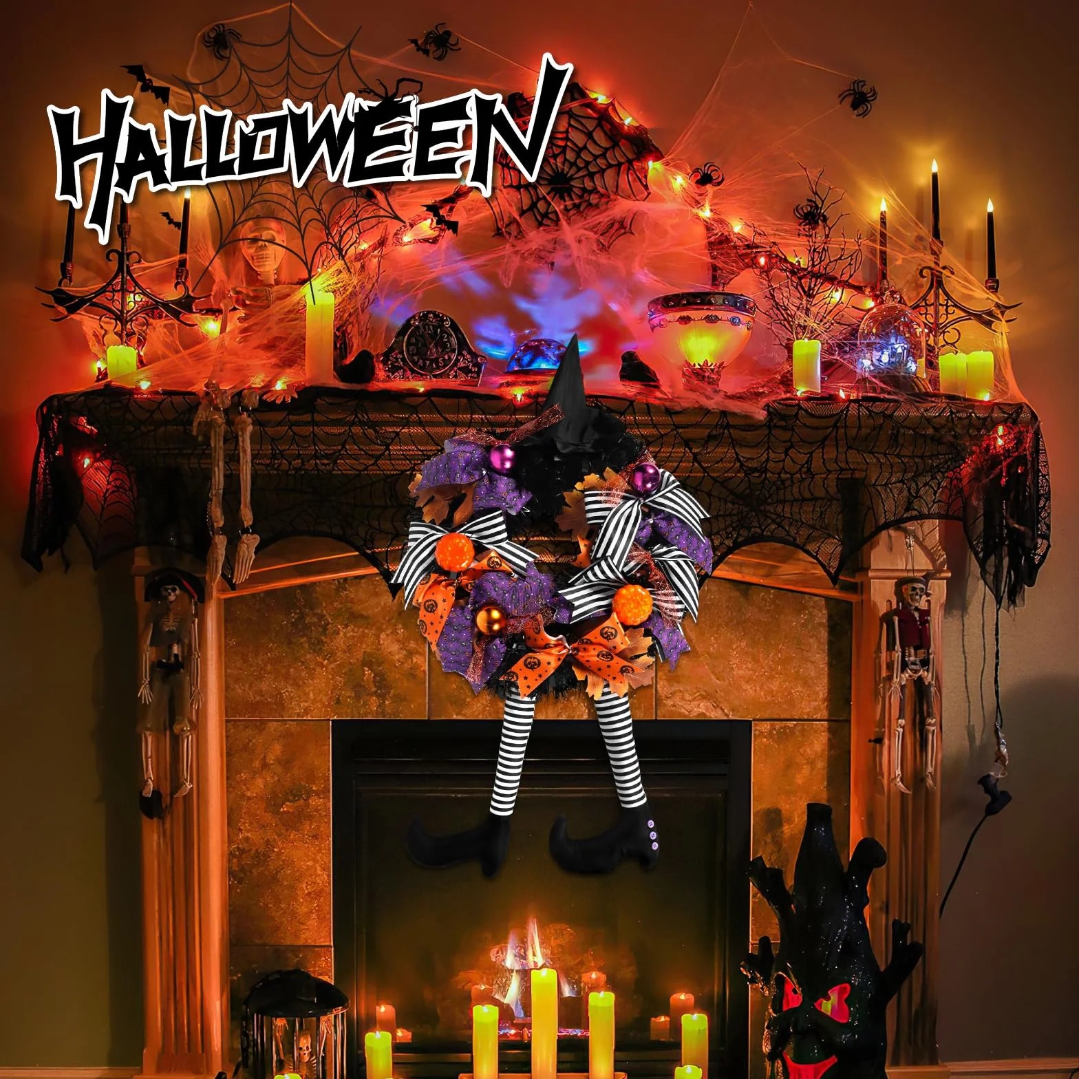 Halloweenowy Wieniec na Drzwi z Nogą Czarownicy, Kapeluszem Wiedźmy i Dynią - Dekoracja na Halloween