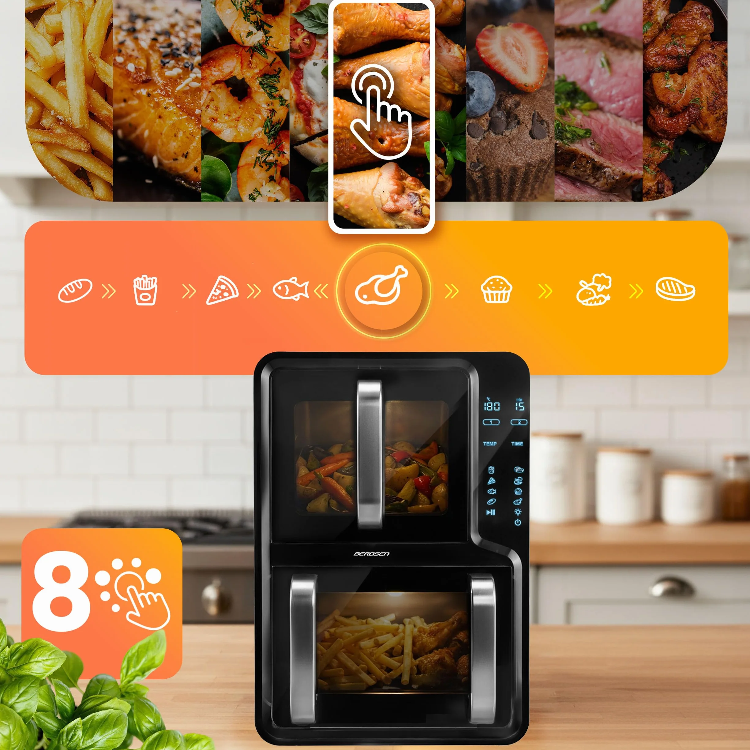 Berdsen Frytkownica Beztłuszczowa Airfryer 12 l Dwukomorowa 2800 W 8 Programów Ekran Dotykowy Czarna