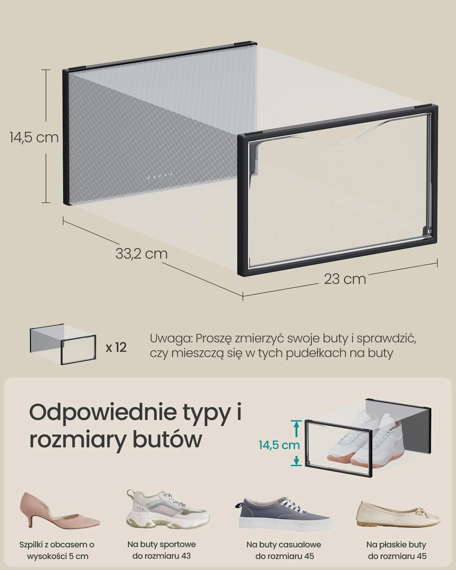 SONGMICS Przezroczyste pudełka na buty, zestaw 12, 33,2 x 23 x 14,5 cm, do rozmiaru 42, czarne