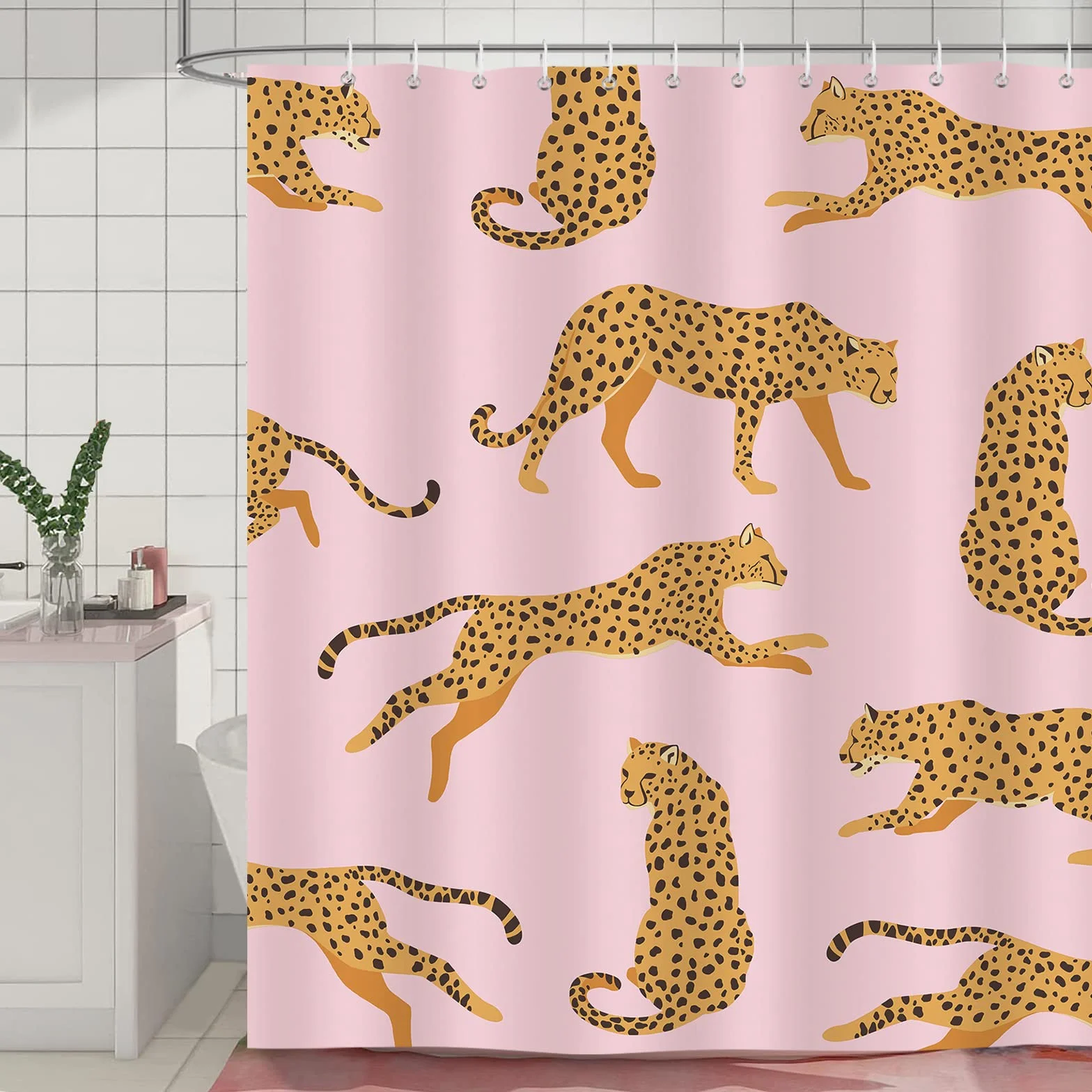 Bonhause Różowa zasłona prysznicowa w panterkę Tropikalne Zwierzę Gepard Modna zasłona łazienkowa 180 x 200 cm Wodoodporna Odporna na pleśń i grzyb Tkanina poliestrowa z 12 haczykami
