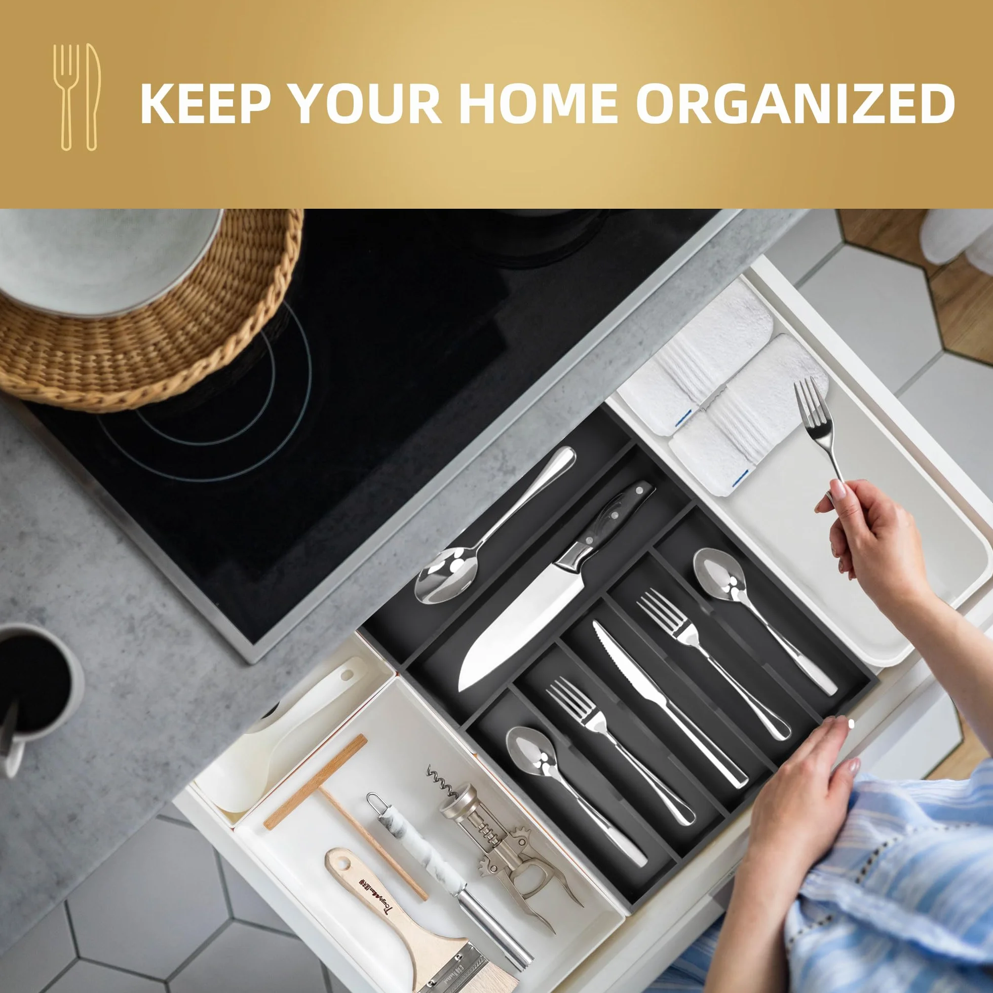 Besilord Organizer na sztućce 33 cm czarny bambusowy organizer do szuflady kuchennej, 7 przegródek, organizer na przybory, uchwyt na sztućce, organizer na sztućce, taca na sztućce