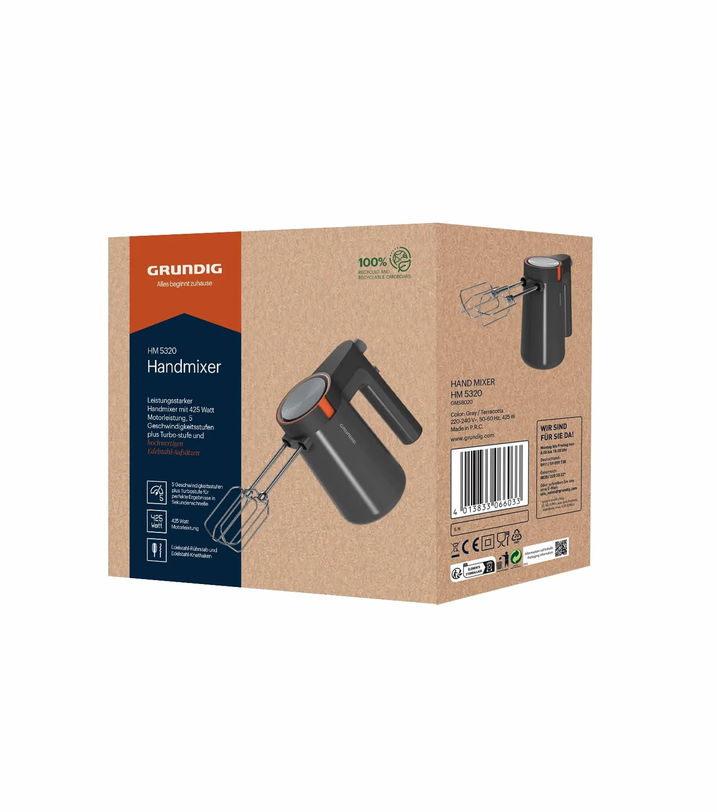 Grundig HM 5320 mikser ręczny, moc 425 W, 5 stopni prędkości + poziom turbo, wysokiej jakości nasadki ze stali nierdzewnej, akcesoria nadające się do mycia w zmywarce, kolor szary/terakota