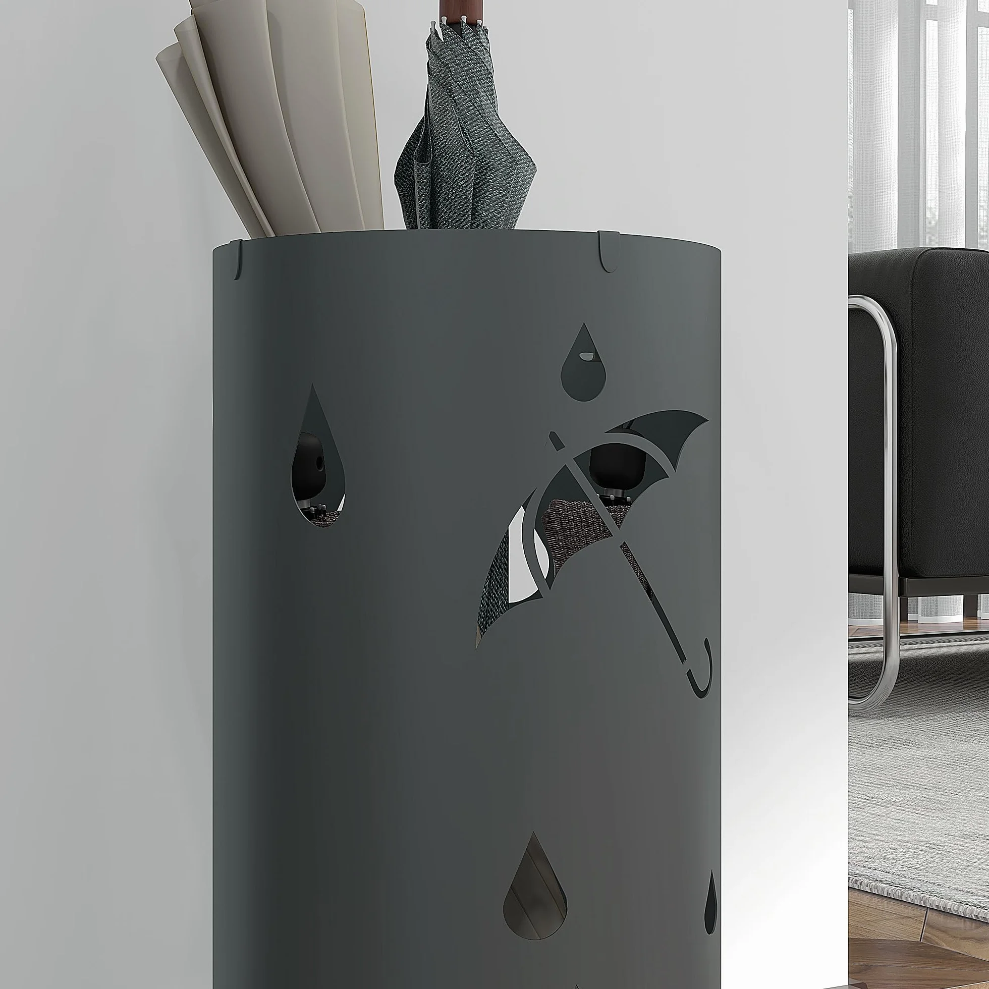 HOMCOM Stojak na parasole stojak na parasole z 4 haczykami i zdejmowaną tacką ociekową, uchwyt na laski i parasole, stalowy, Ø 17 x 41 cm, ciemnoszary