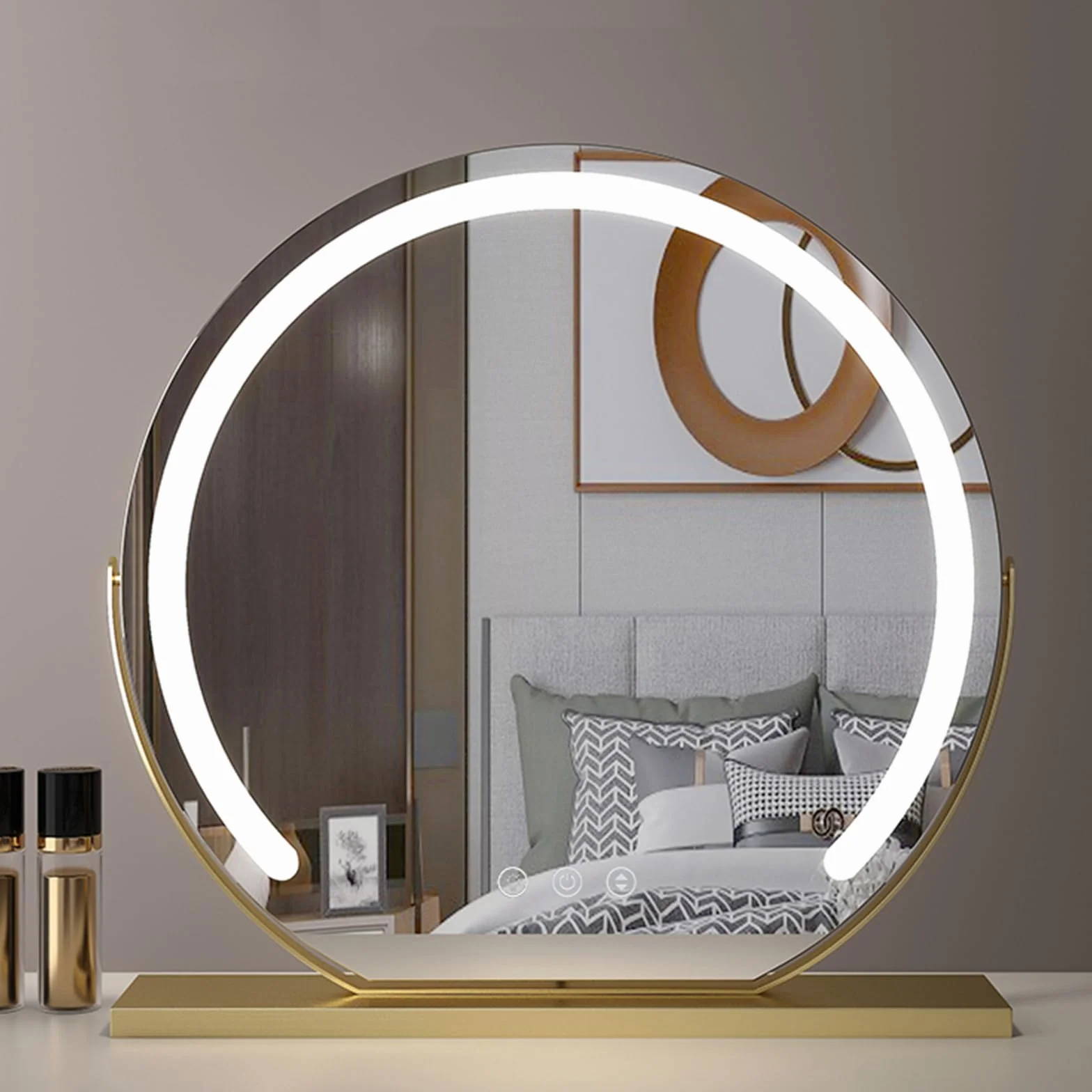 Led Vanity Mirror, Podświetlane Lustro, Blat Stołu Do Makijażu, Okrągłe 360 ° Obrót Lusterko Do Makijażu Ekran Dotykowy Lusterko Kosmetyczne Ze ściemnianiem (φ600mm, Biały)(Size:60cm,Color:Złoty)