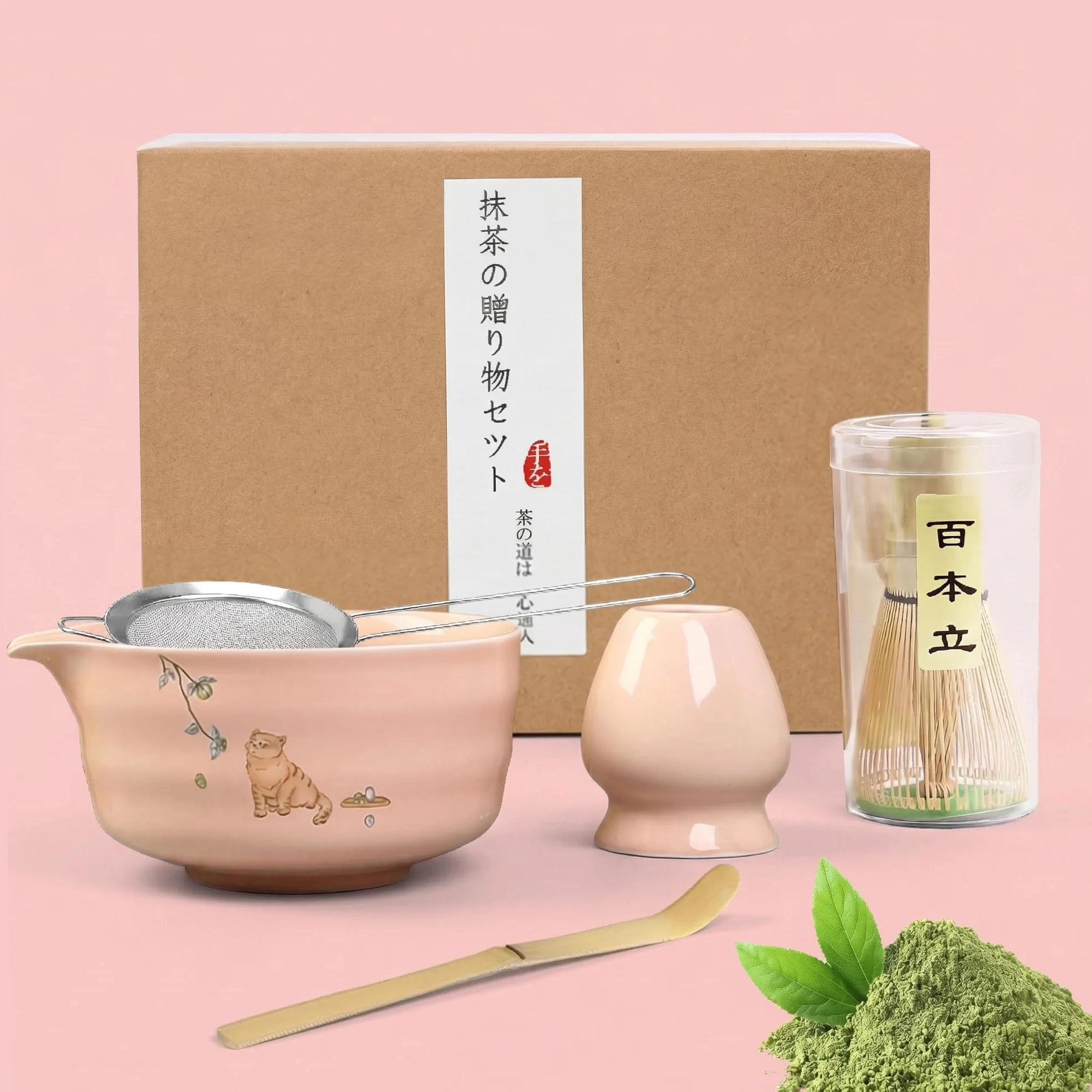 Różowy zestaw do herbaty matcha 5 elementów, zawierający bambusową trzepaczkę do matchy, łyżkę, miskę i podstawkę do trzepaczki, sitko ze stali nierdzewnej, idealny prezent dla miłośników matchy