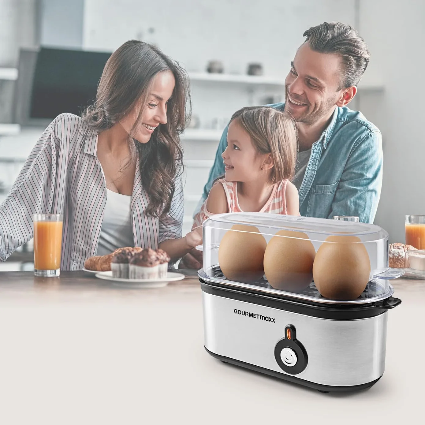 GOURMETmaxx Jajowar na 3 jajka | bojler do jajek z wykrawaczem do jajek w miarce | Egg Cooker – 3 stopnie twardości do kieliszków do jajek | Design mały jajowar – części nadające się do mycia w