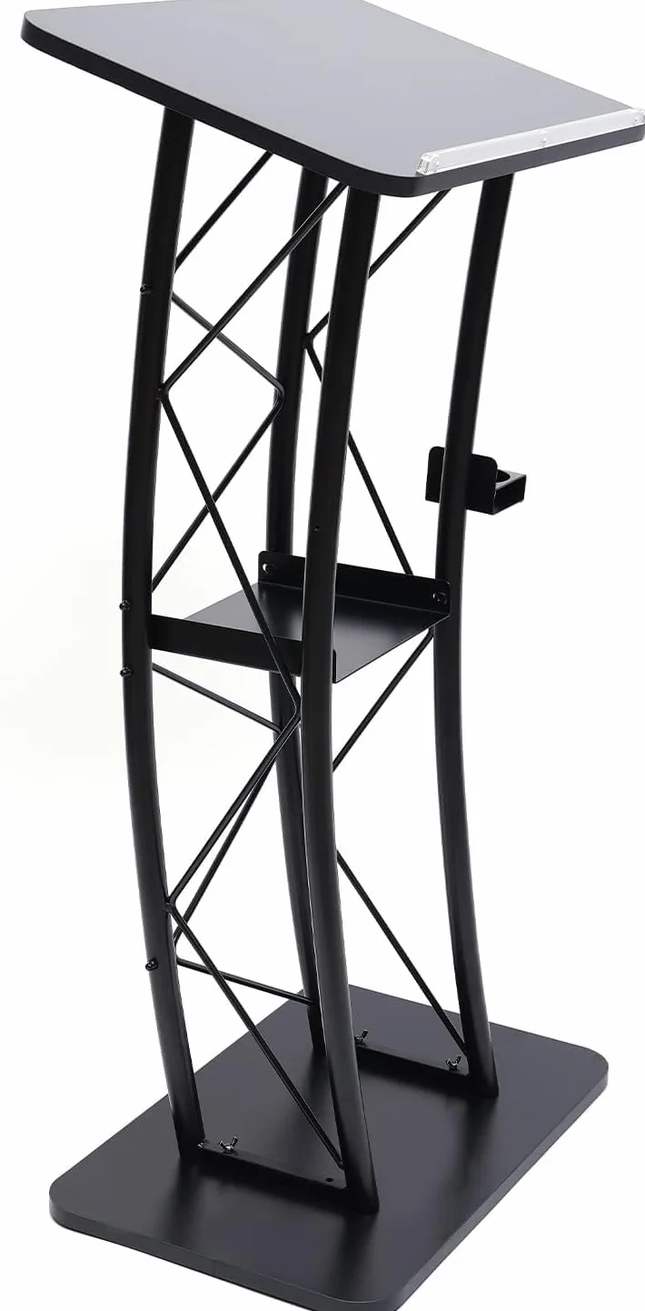 Czarny zakrzywiony metalowy stojak na podium, mównica stojąca z uchwytem na kubek, 40 x 60 x 120 cm, do biura, szkoły i na imprezy