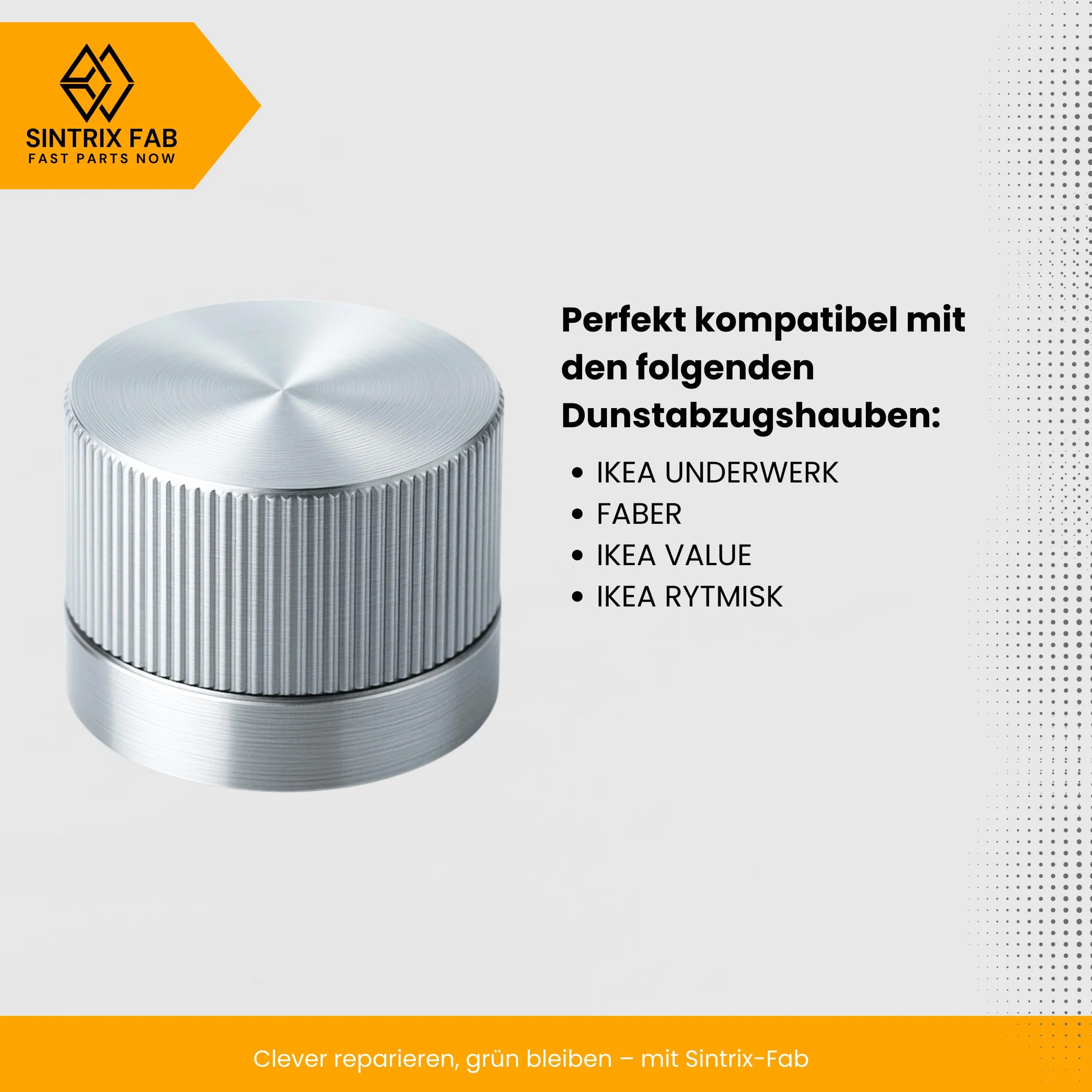 Zapasowy przycisk obrotowy do okapu kuchennego, kompatybilny z IKEA UNDERVERK, RYTMISK, Value. Wytrzymały materiał, metaliczny wygląd, antypoślizgowa konstrukcja, wzmocnione wykończenie.