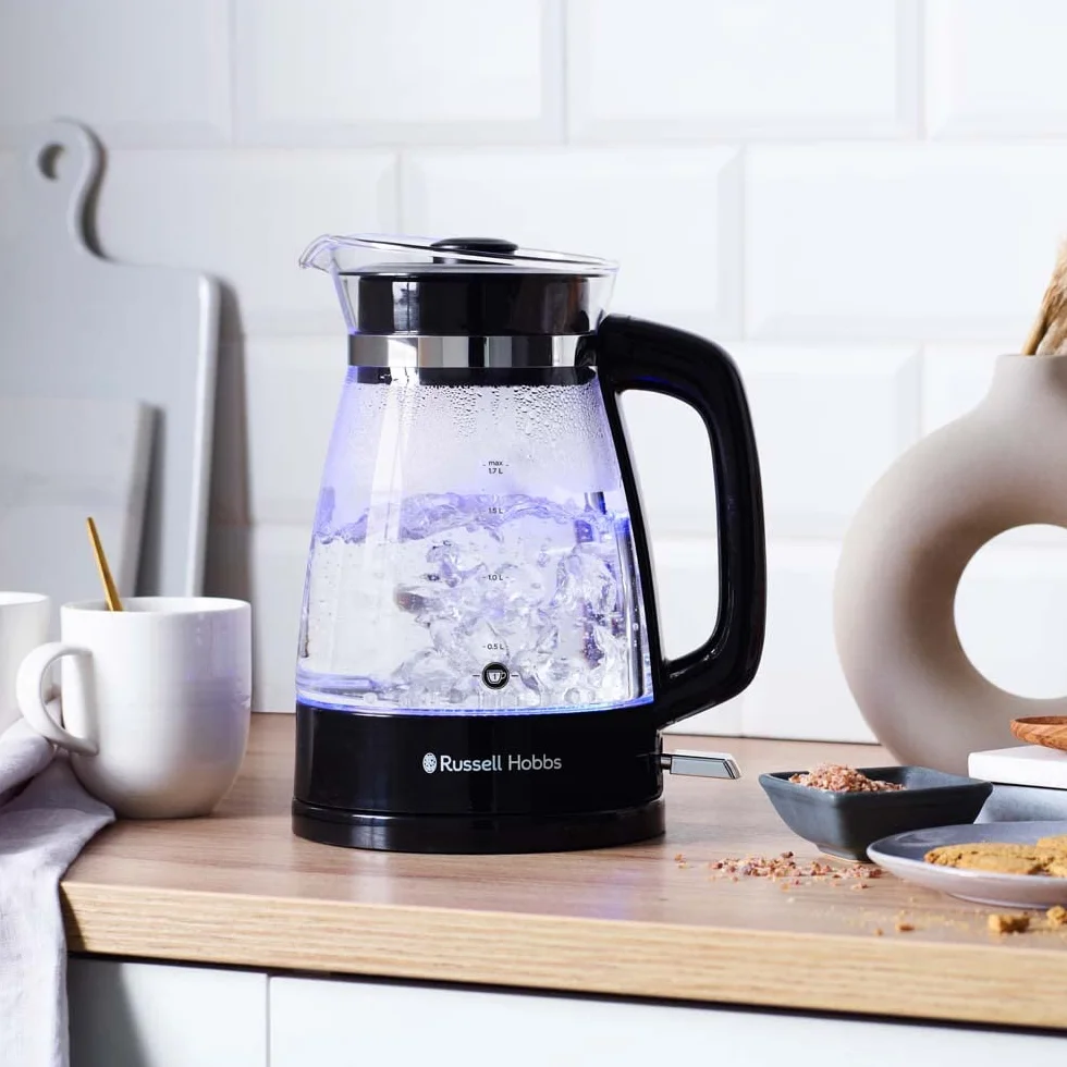 Russell Hobbs czajnik elektryczny, energooszczędny, wymienny filtr antywapienny, markery szybkiego gotowania, zdejmowana pokrywa, pojemność 1,7l, moc 2400W, szkło, czarny, Classic 26080-70
