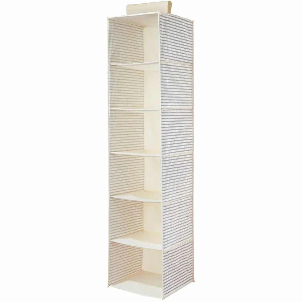 mDesign Organizer wisz?cy – Wisz?ca pó?ka do szafy wykonana z materia?u – Organizer na buty i akcesoria z 6 pó?kami – naturalny/kobaltowy