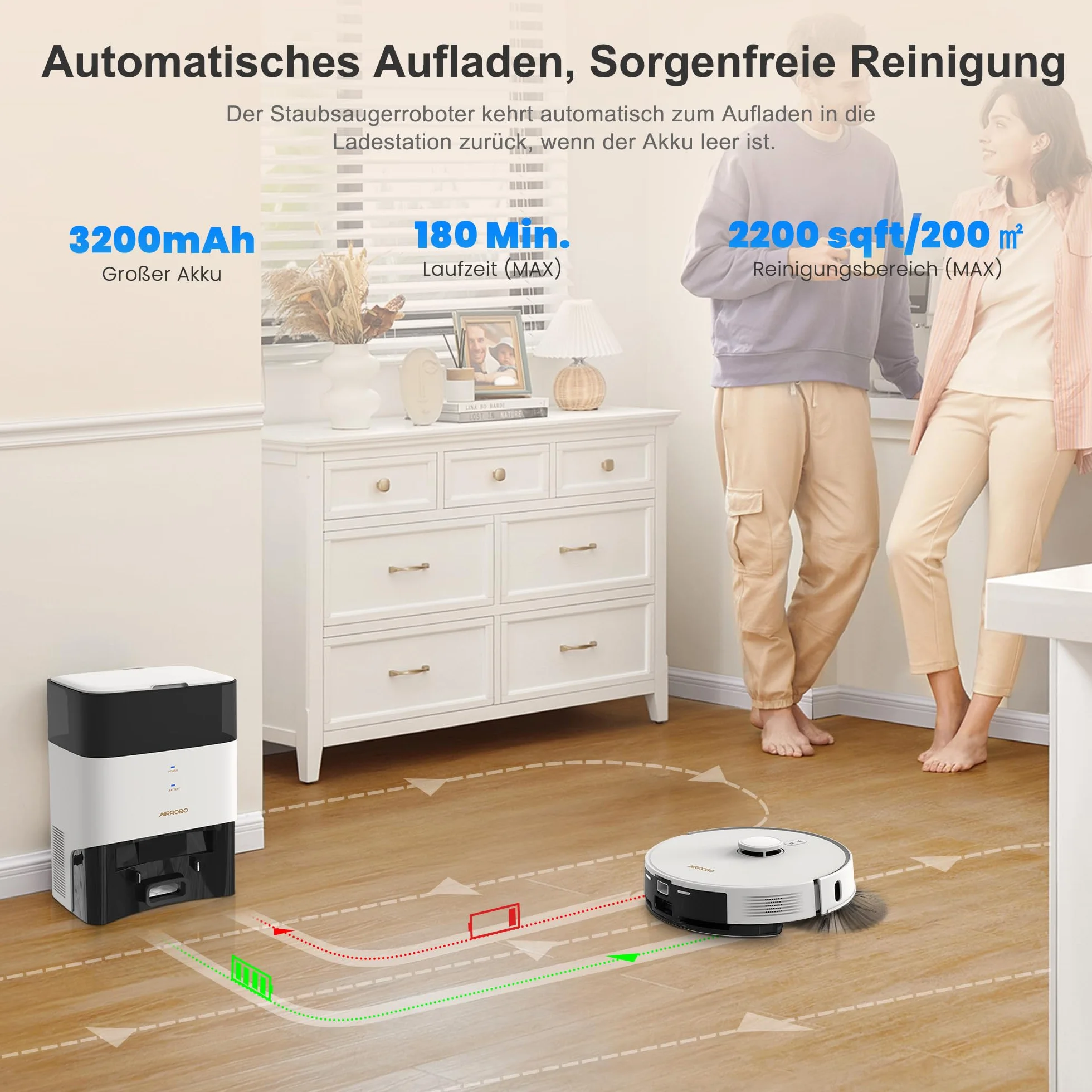 AIRROBO GT21 Robot Odkurzający z Funkcją Wycierania: Stacją Ssącą 3,5L | Nawigacja LiDAR | Czas Działania 180 Minut | Automatyczne Opróżnianie | Silna Siła Ssania | Kontrola Aplikacji