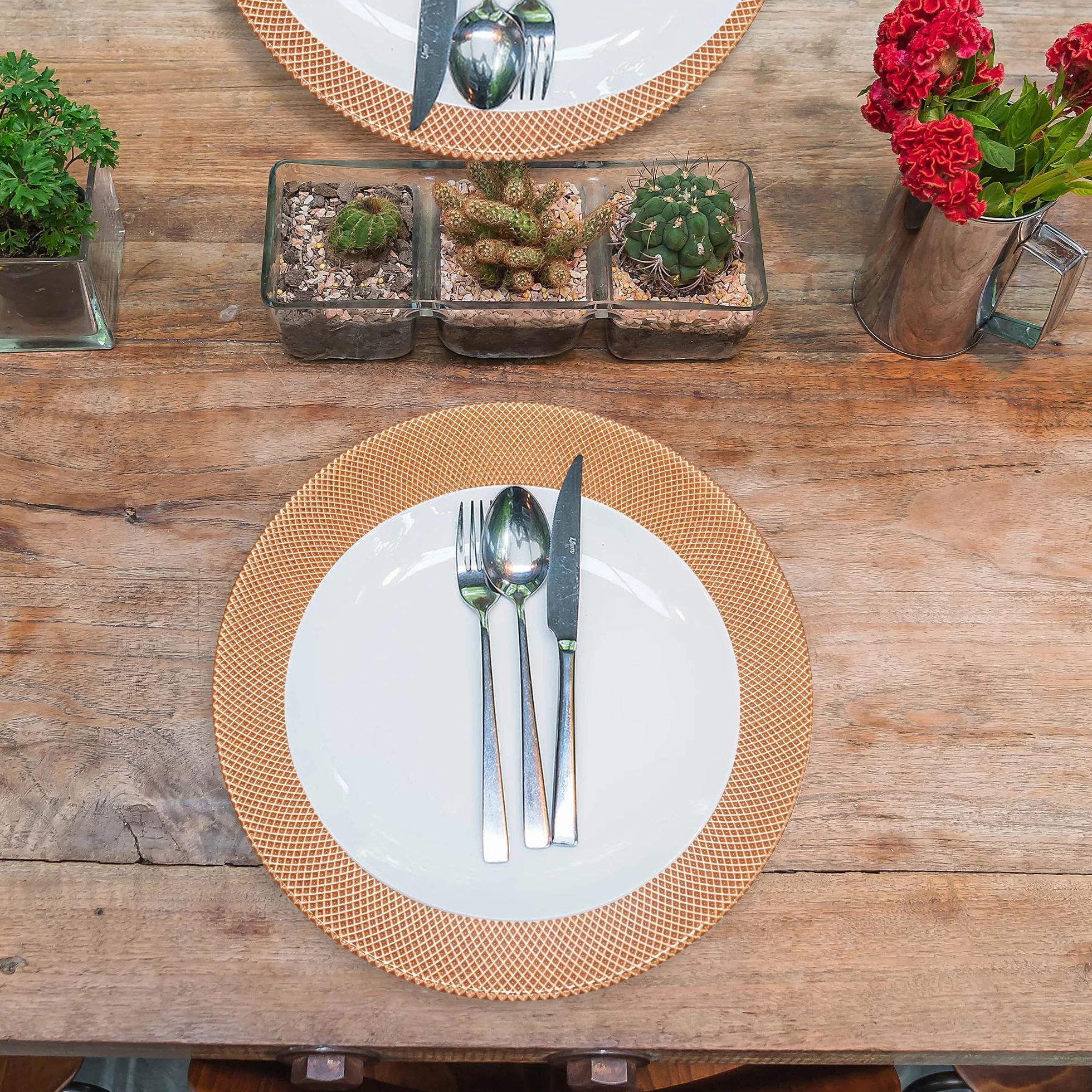 Trimming Shop Dekoracyjne talerze do ładowania na imprezy, szklane talerze w kratkę do dekoracji stołu obiadowego, wesela, urodziny, imprezy, zastawy stołowej, imprezy gastronomiczne, 33 cm, różowe złoto, 12 szt