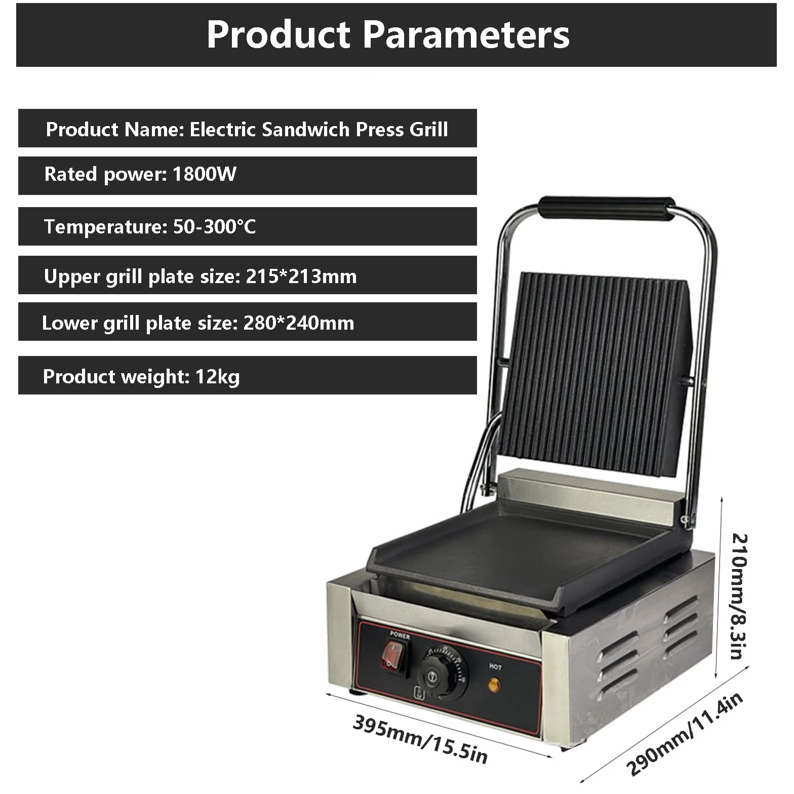 Elektryczny grill do kanapek i wyciskarka do chleba, proste tostery do kanapek z rowkowanym i gładkim talerzem, do steków, mięsa, warzyw, równomiernego podgrzewania, 1800 W, karbowane (Groo/Smoo