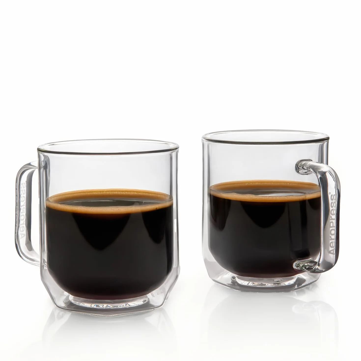 AeroPress Double Wall Glass Coffee Mug Szklanki z Podwójnymi Ściankami z Borokrzemowego Szkła. Przezroczyste Kubki z Uchwytami, Szeroką Podstawą, Grubym Szkłem – zaprojektowane do parzenia z AeroPress