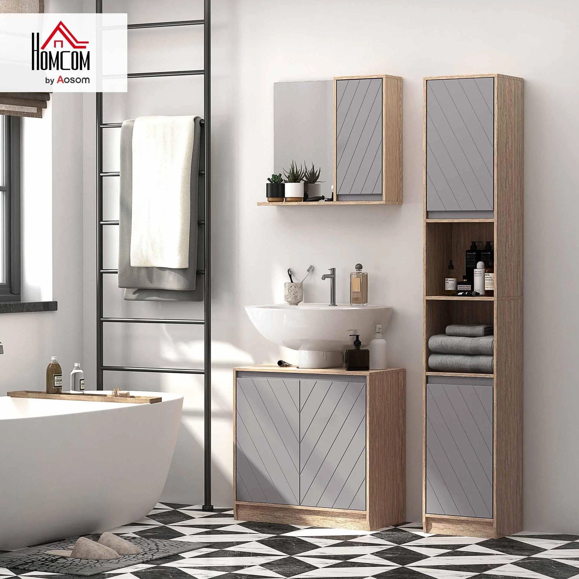 HOMCOM Szafka łazienkowa pod umywalką - Szafka pod umywalkę - 2-drzwiowa szafka z półką - N. 60L x 30 l x 59,8H cm - Płyta wiórowa jasny dąb szary