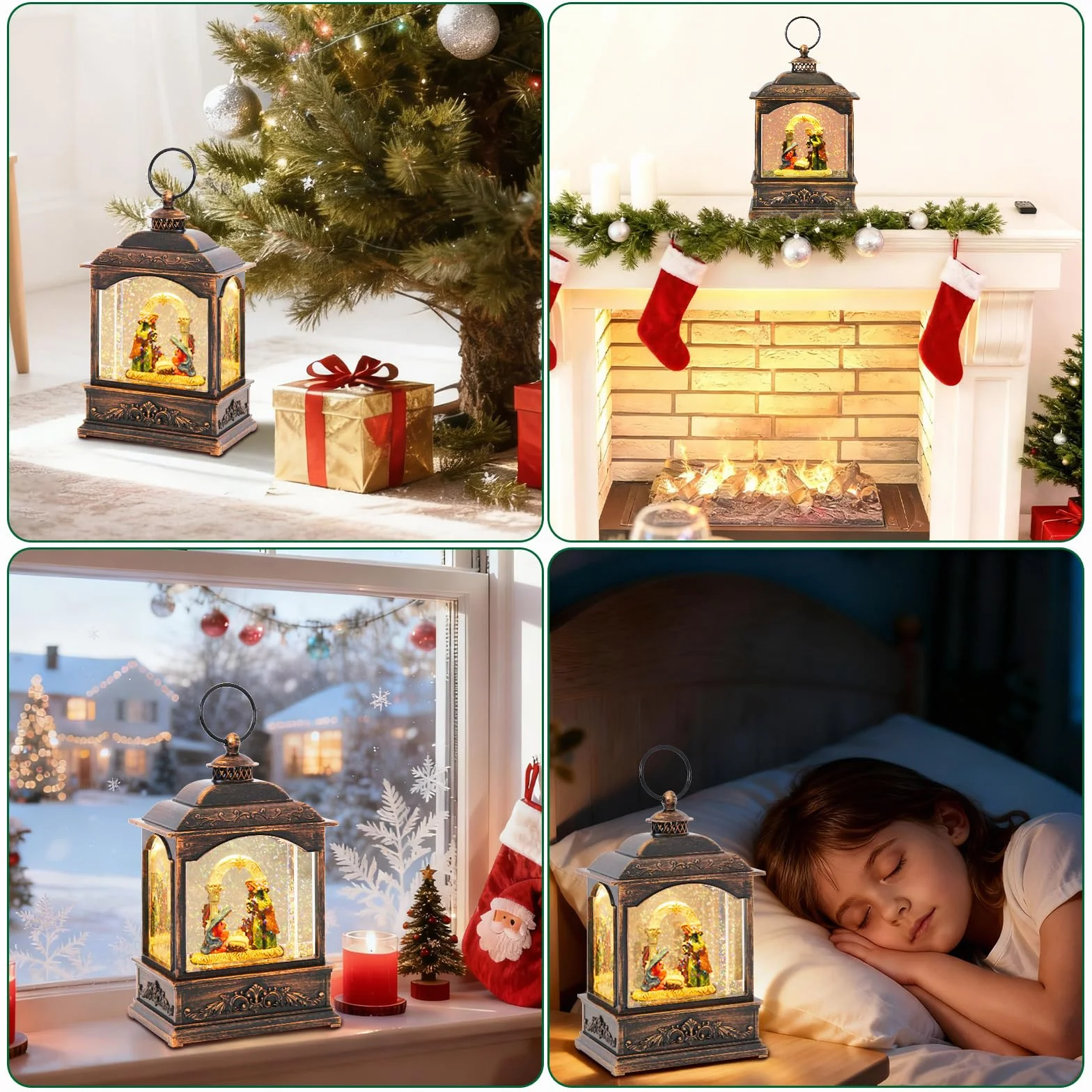 Muzyczna latarnia z kulą śnieżną z szopką bożonarodzeniową, 6-godzinny timer, wirujący brokat, 20 cm, zasilanie USB lub bateryjne